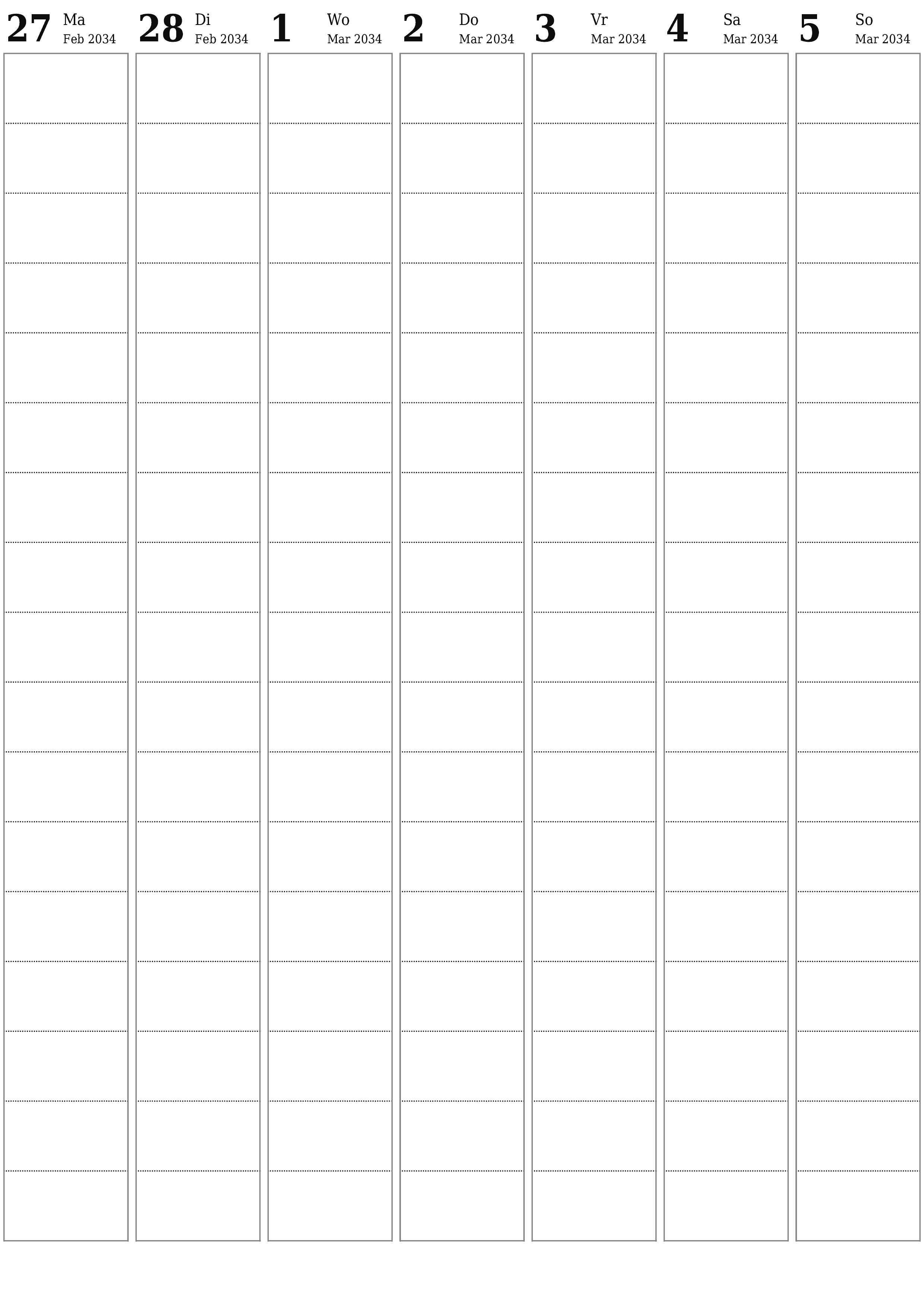 Leë weeklikse drukbare kalender en beplanner vir week Maart 2034 met notas, stoor en druk na PDF PNG Afrikaans