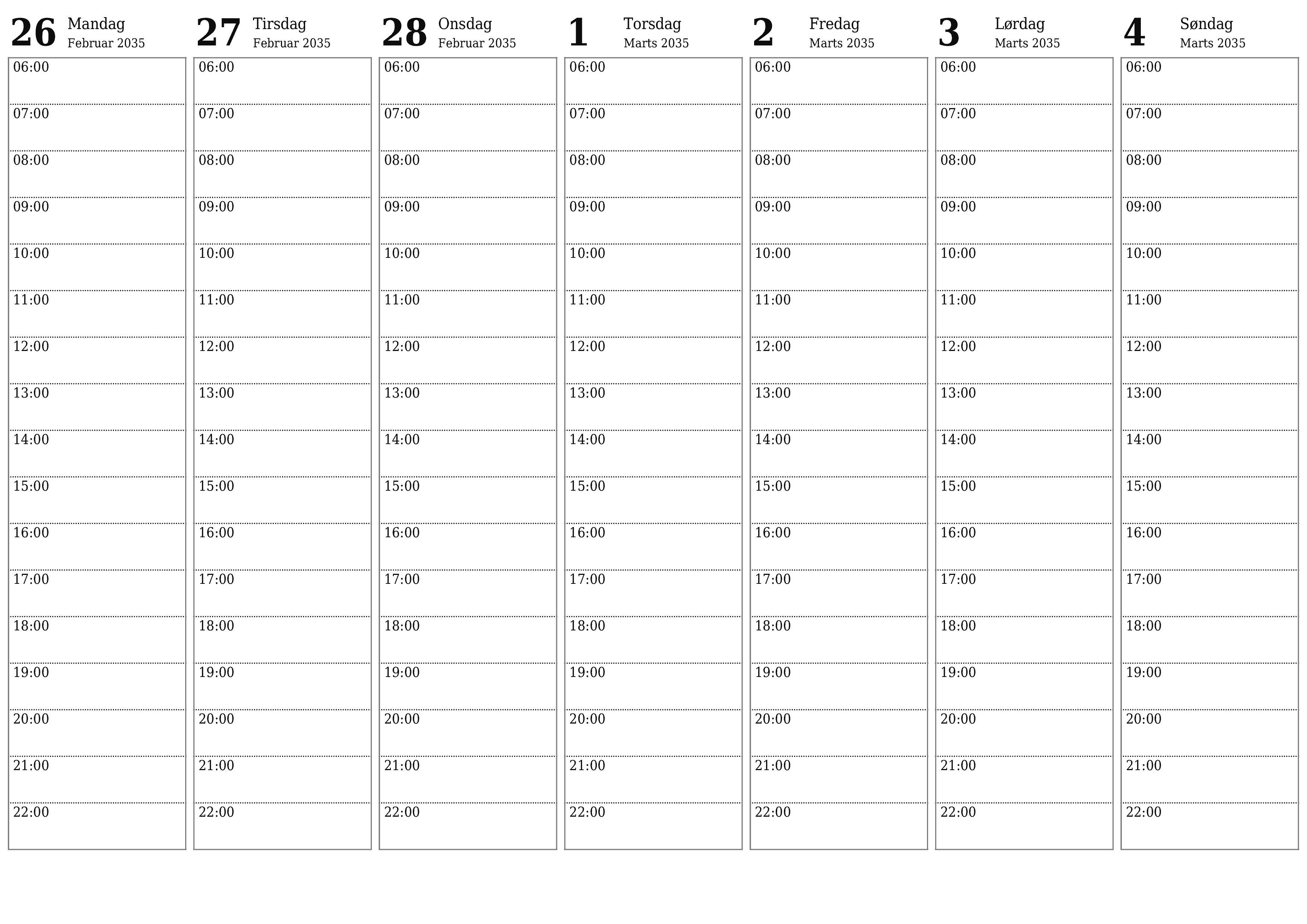 udskrivbar væg skabelon gratis vandret Ugentligt planlægger kalender Marts (Mar) 2035