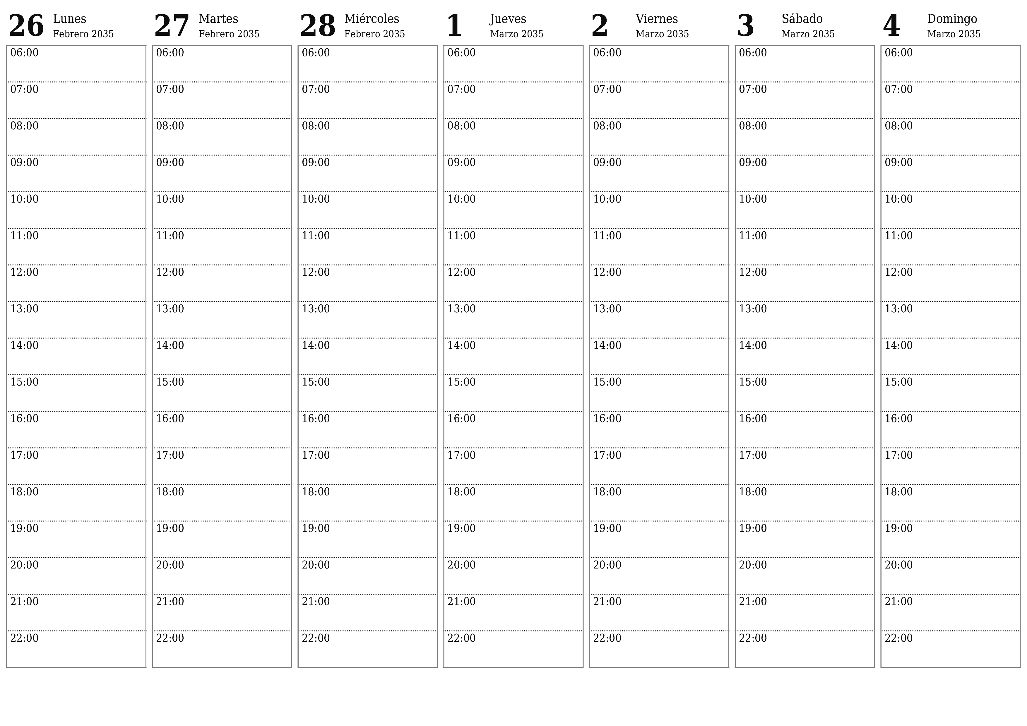 Planificador semanal vacío para semanas Marzo 2035 con notas, guardar e imprimir en PDF PNG Spanish