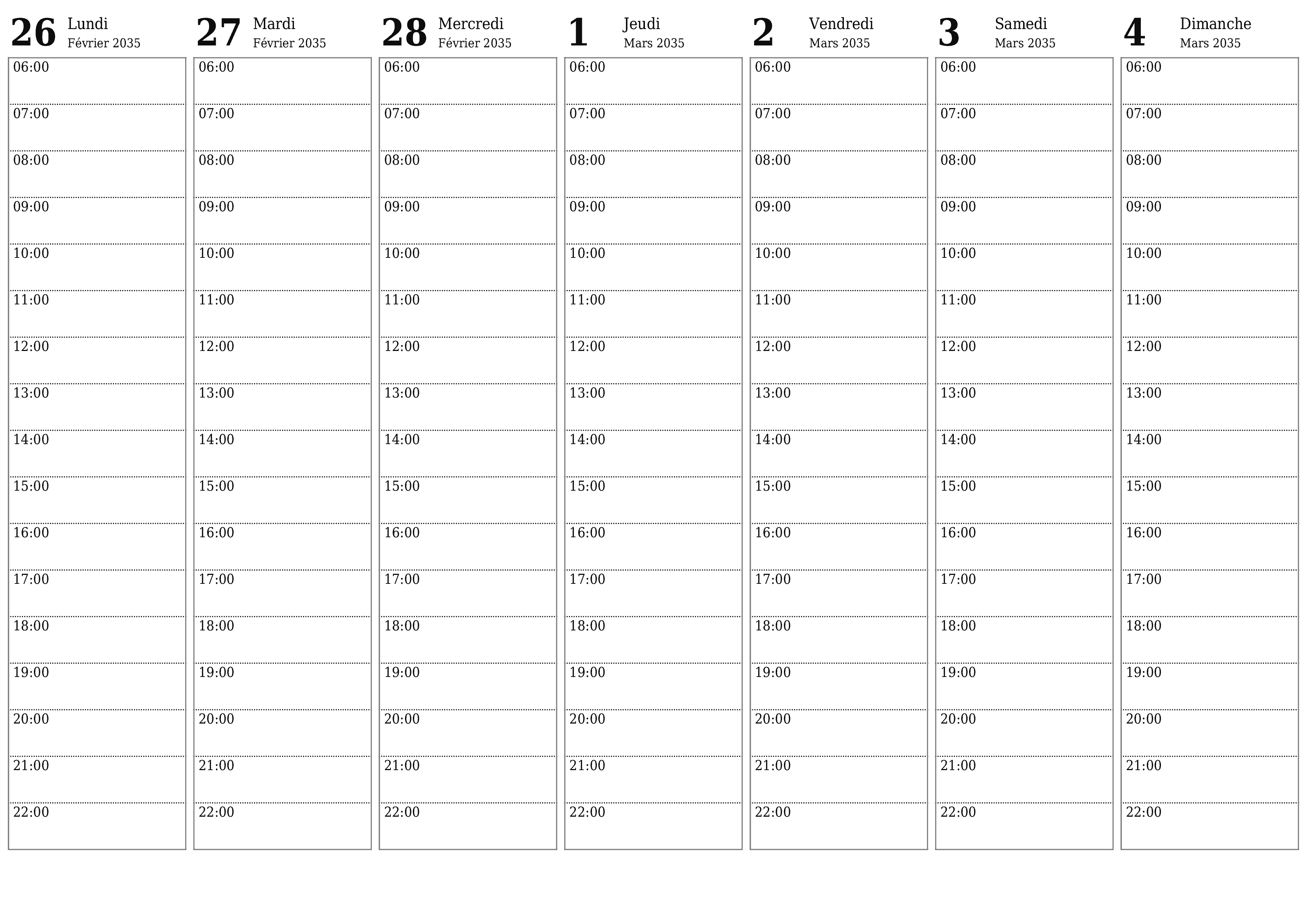 Agenda hebdomadaire vide pendant des semaines Mars 2035 avec notes, enregistrez et imprimez au format PDF PNG French