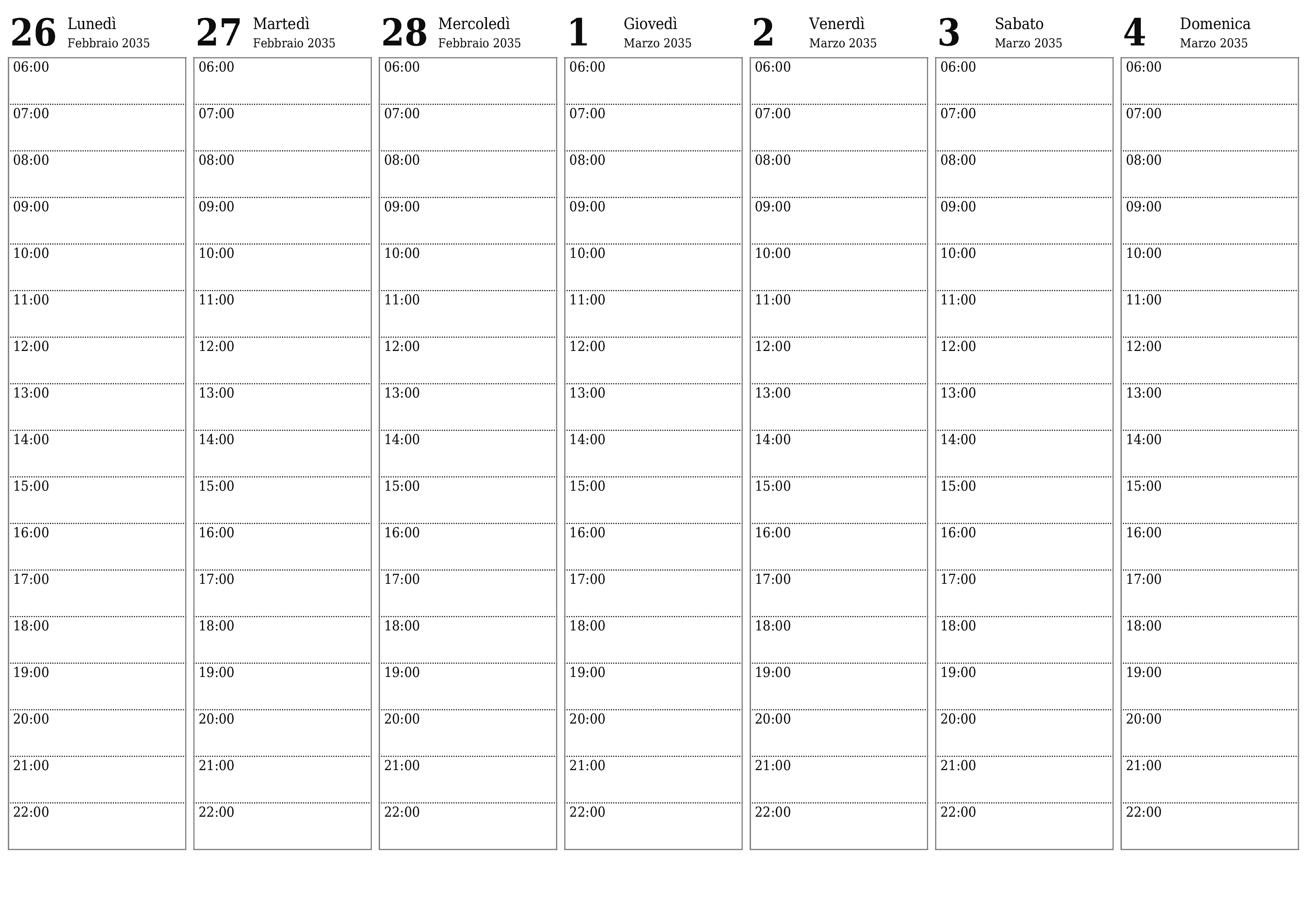 Agenda settimanale vuota per settimane Marzo 2035 con note, salva e stampa in PDF PNG Italian