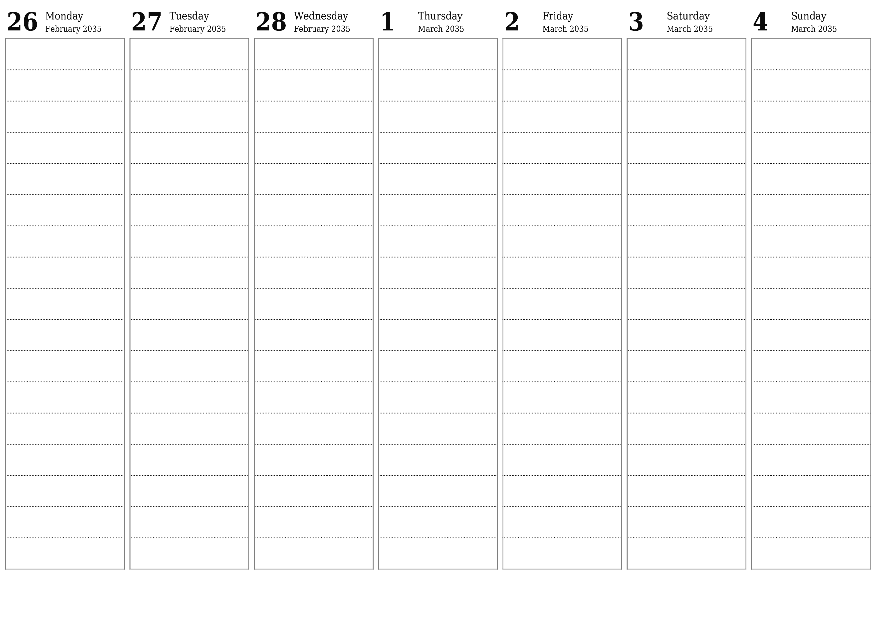 Blank calendar March 2035