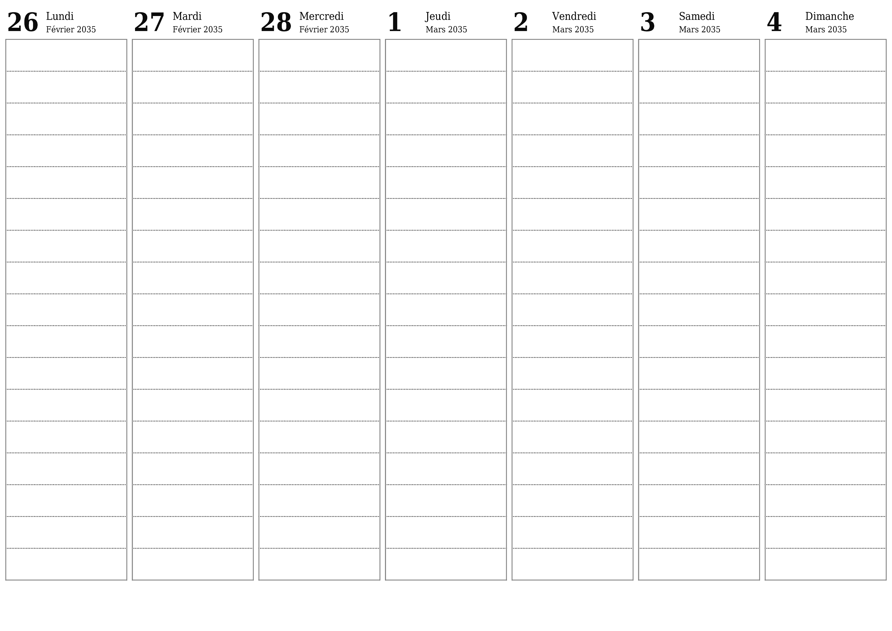Agenda hebdomadaire vide pendant des semaines Mars 2035 avec notes, enregistrez et imprimez au format PDF PNG French