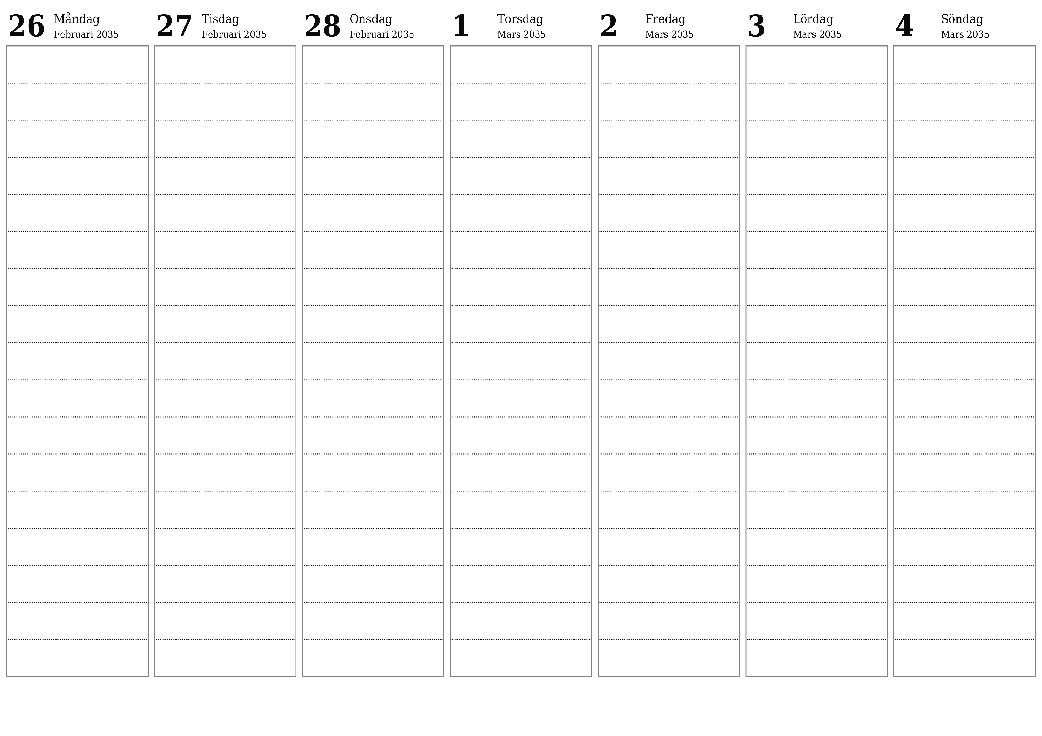 utskrivbar vägg mall gratis horisontell Veckovis planerare kalender Mars (Mar) 2035