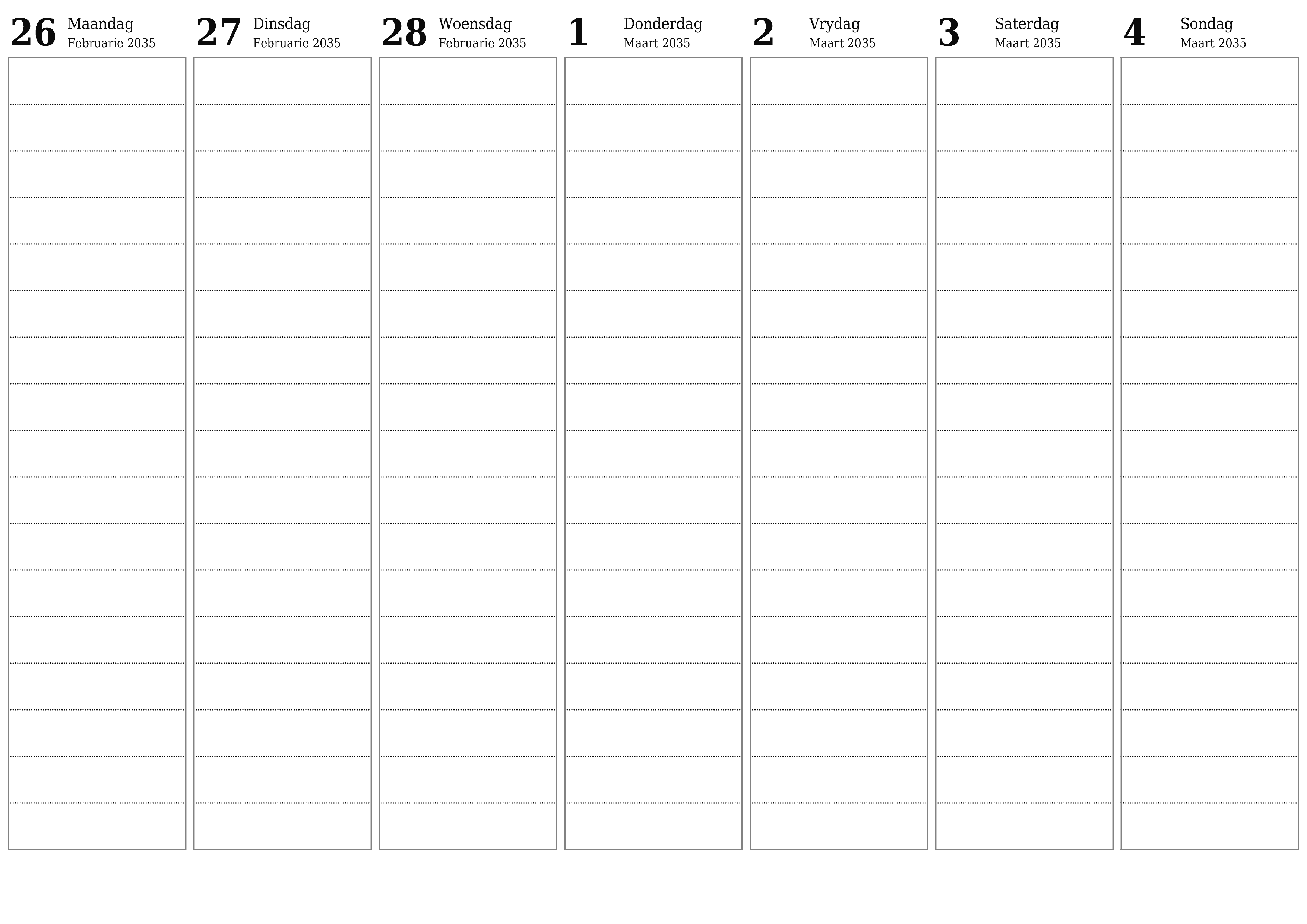 drukbare muur template gratis horisontaal Weekliks beplanner kalender Maart (Mar) 2035