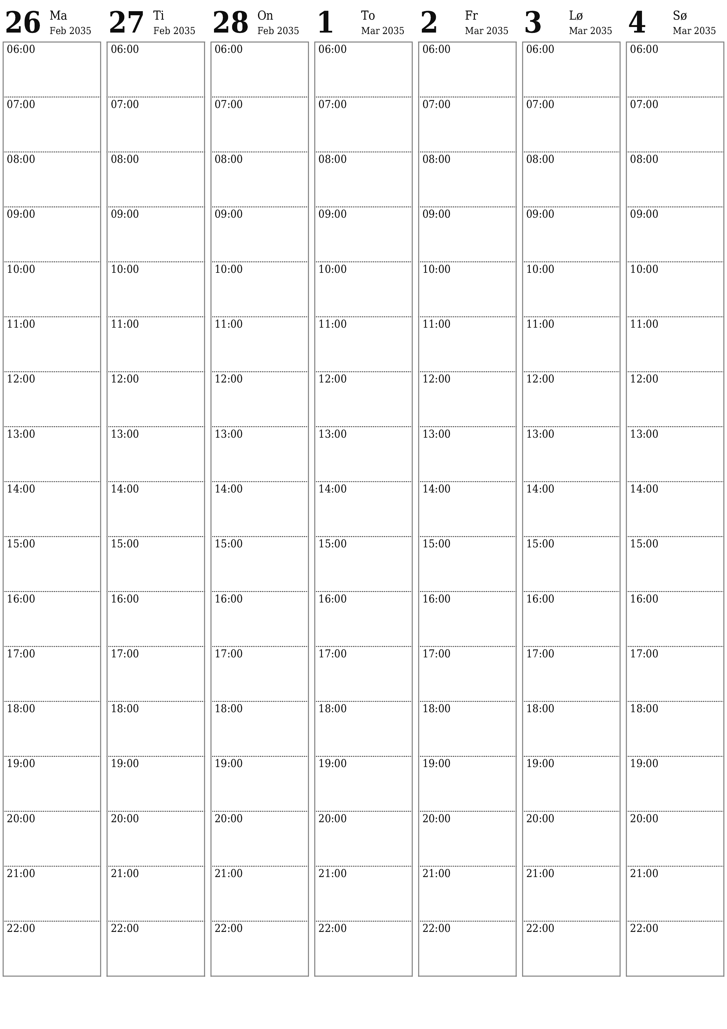 utskrivbar vegg mal gratis vertikal Ukentlig planlegger kalender Mars (Mar) 2035