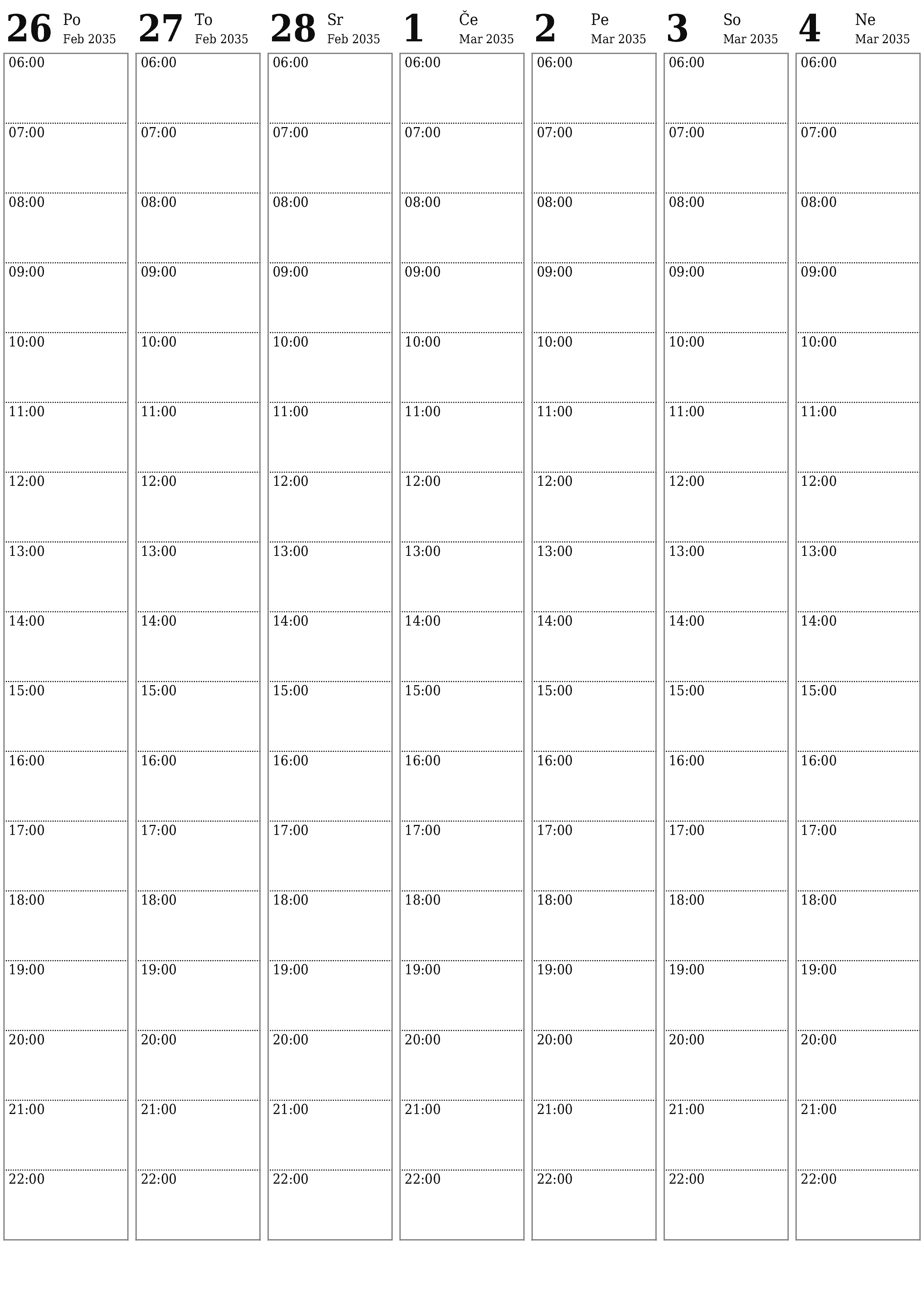 Prazen tedenski koledarski načrtovalec za tedne Marec 2035 z opombami za tiskanje v PDF PNG Slovenian