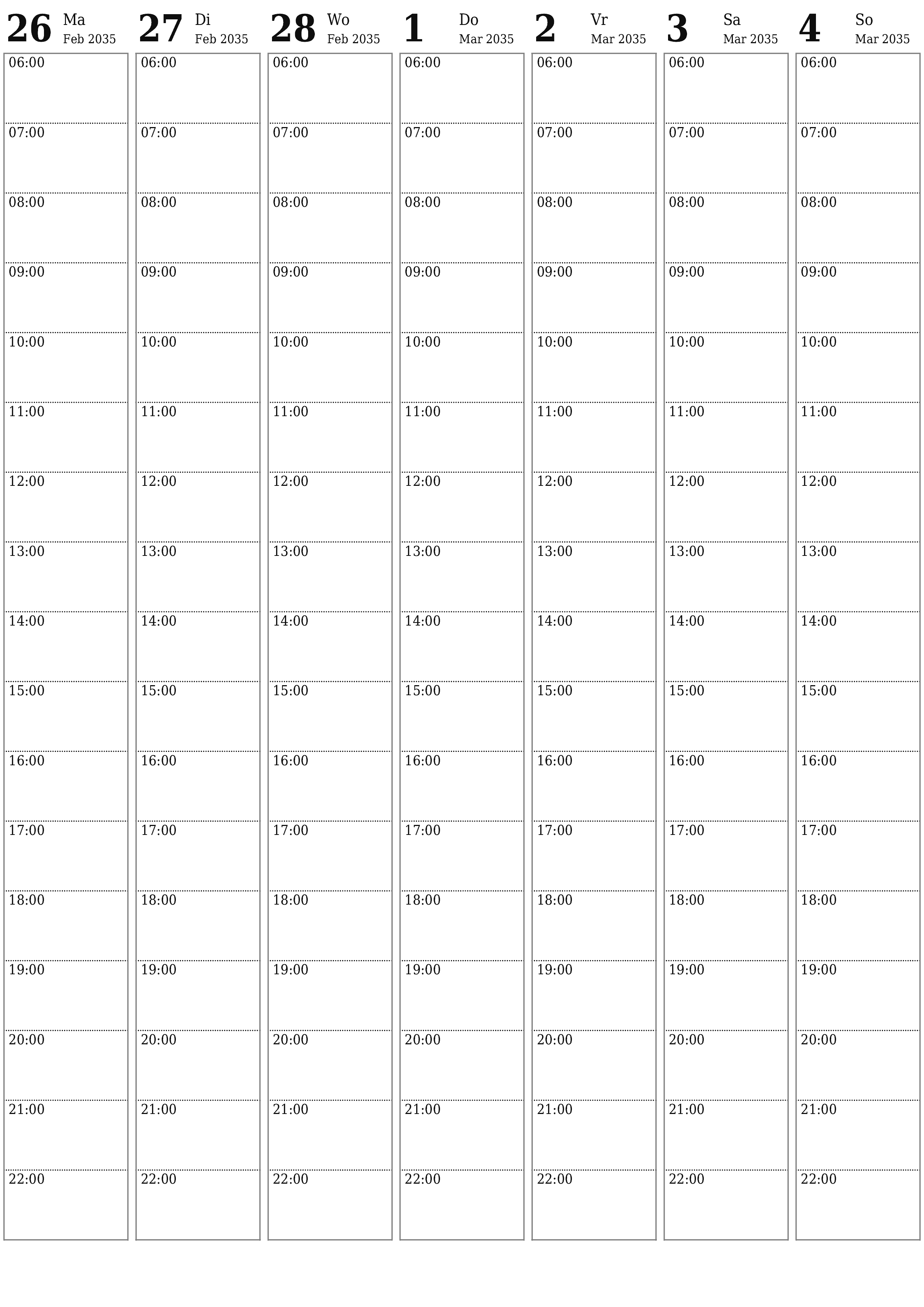 drukbare muur template gratis vertikaal Weekliks beplanner kalender Maart (Mar) 2035