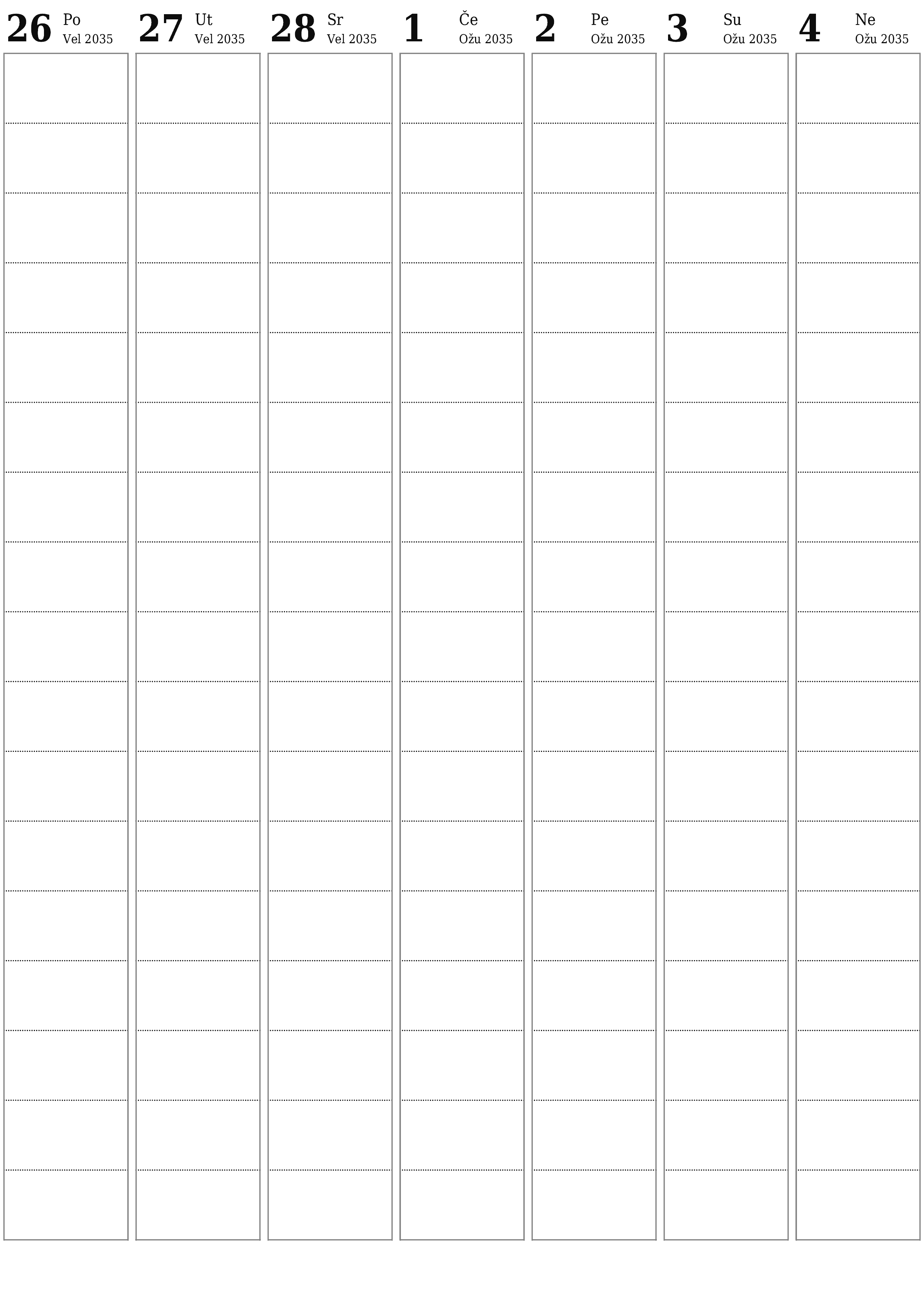  za ispis zidni predložak a besplatni okomito Tjedni planer kalendar Ožujak (Ožu) 2035