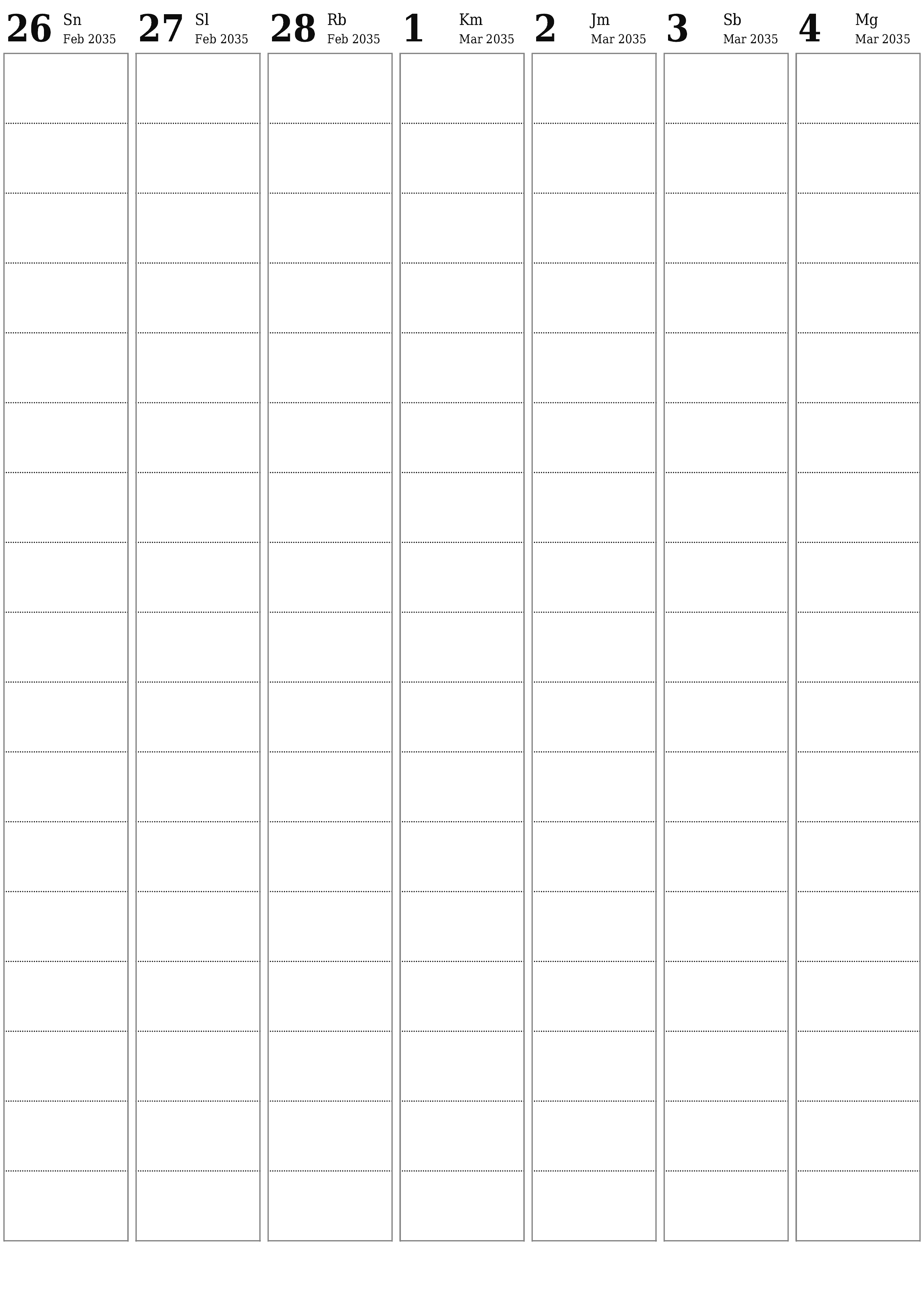  yang dapat dicetak dinding templat gratisvertikal Mingguan perencana kalender Maret (Mar) 2035