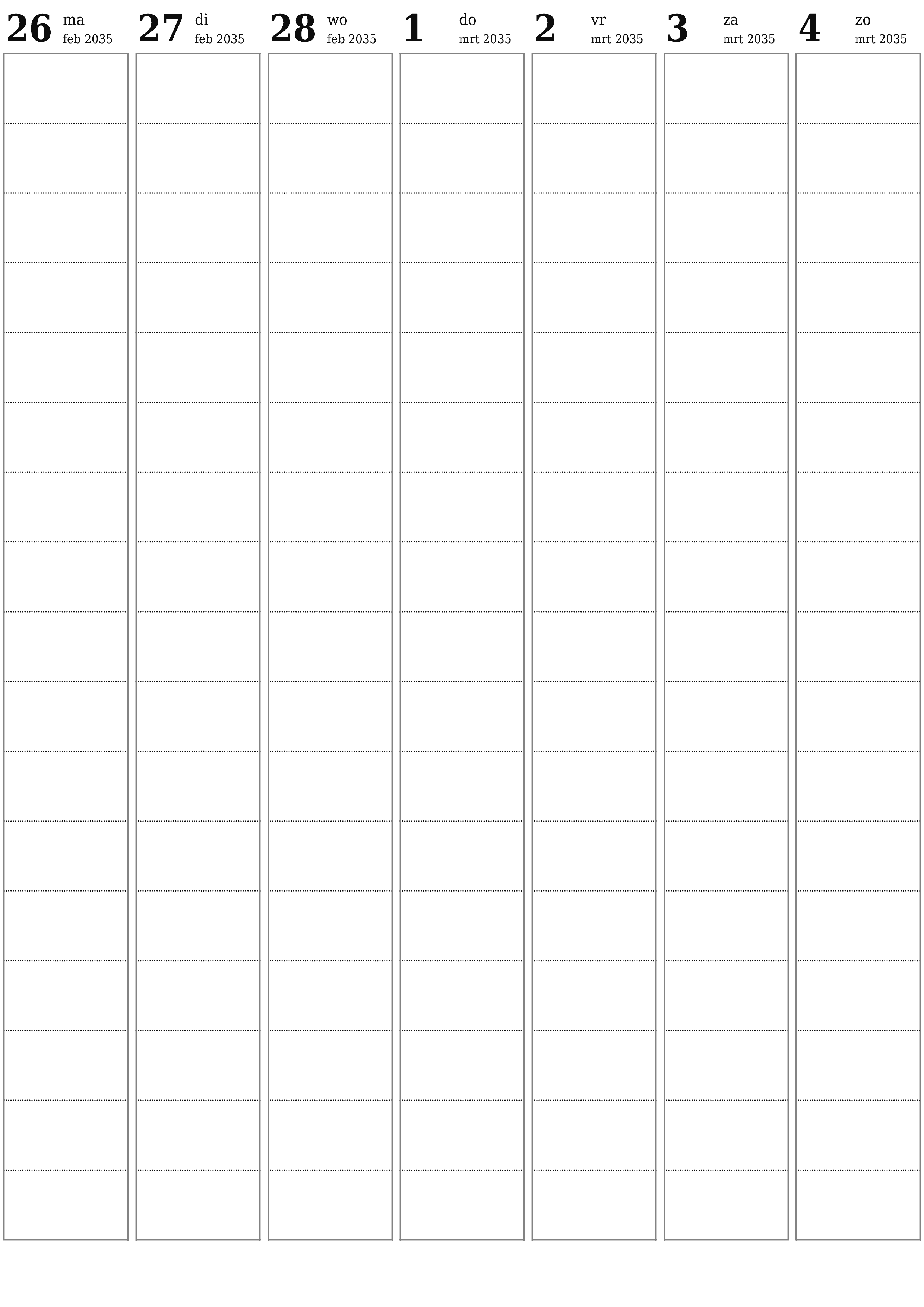 afdrukbare muur sjabloon gratis verticaal Wekelijks planner kalender maart (mrt) 2035