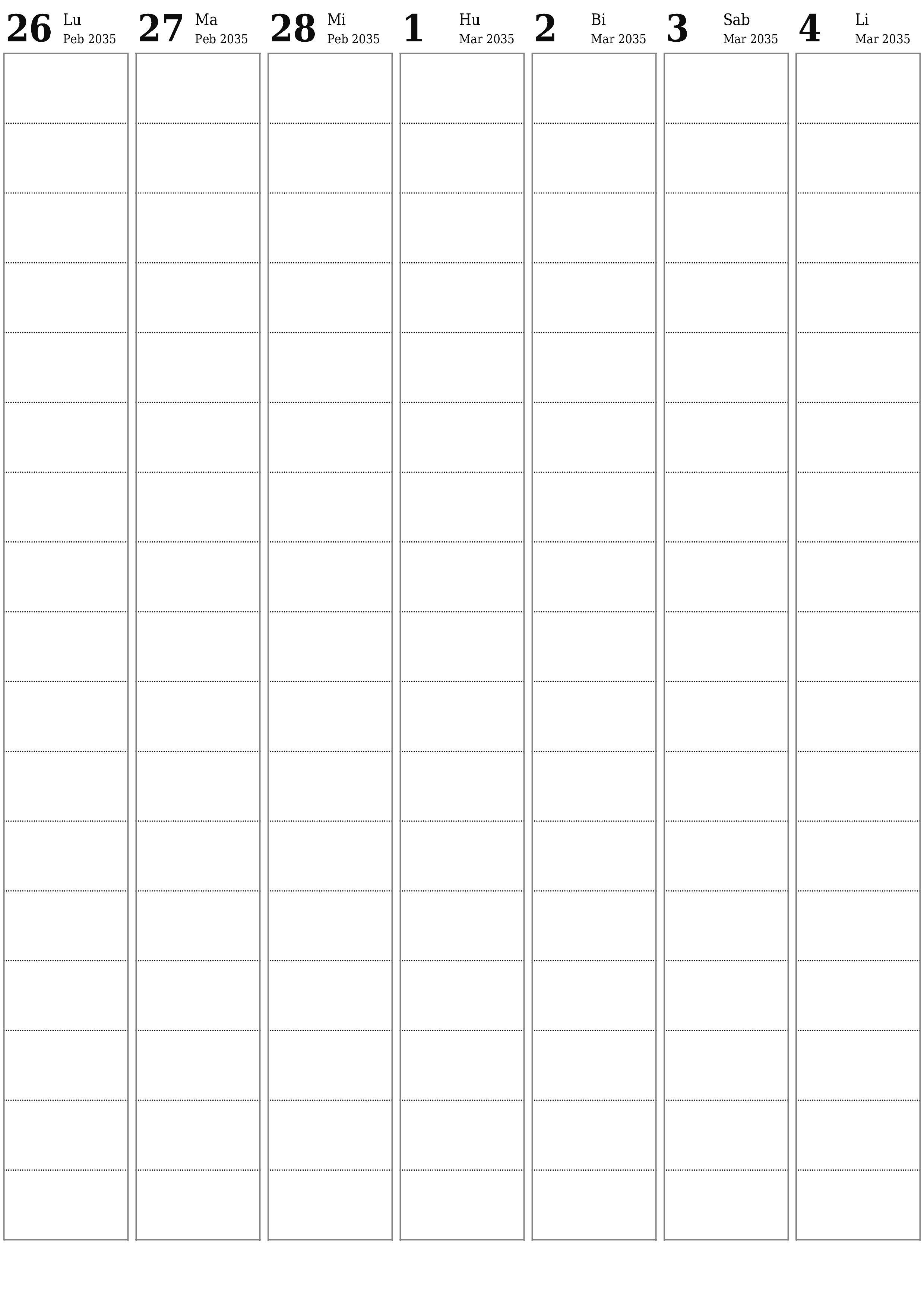 Walang laman lingguhang tagaplano para sa mga linggo Marso 2035 na may mga tala, i-save at i-print sa PDF PNG Filipino
