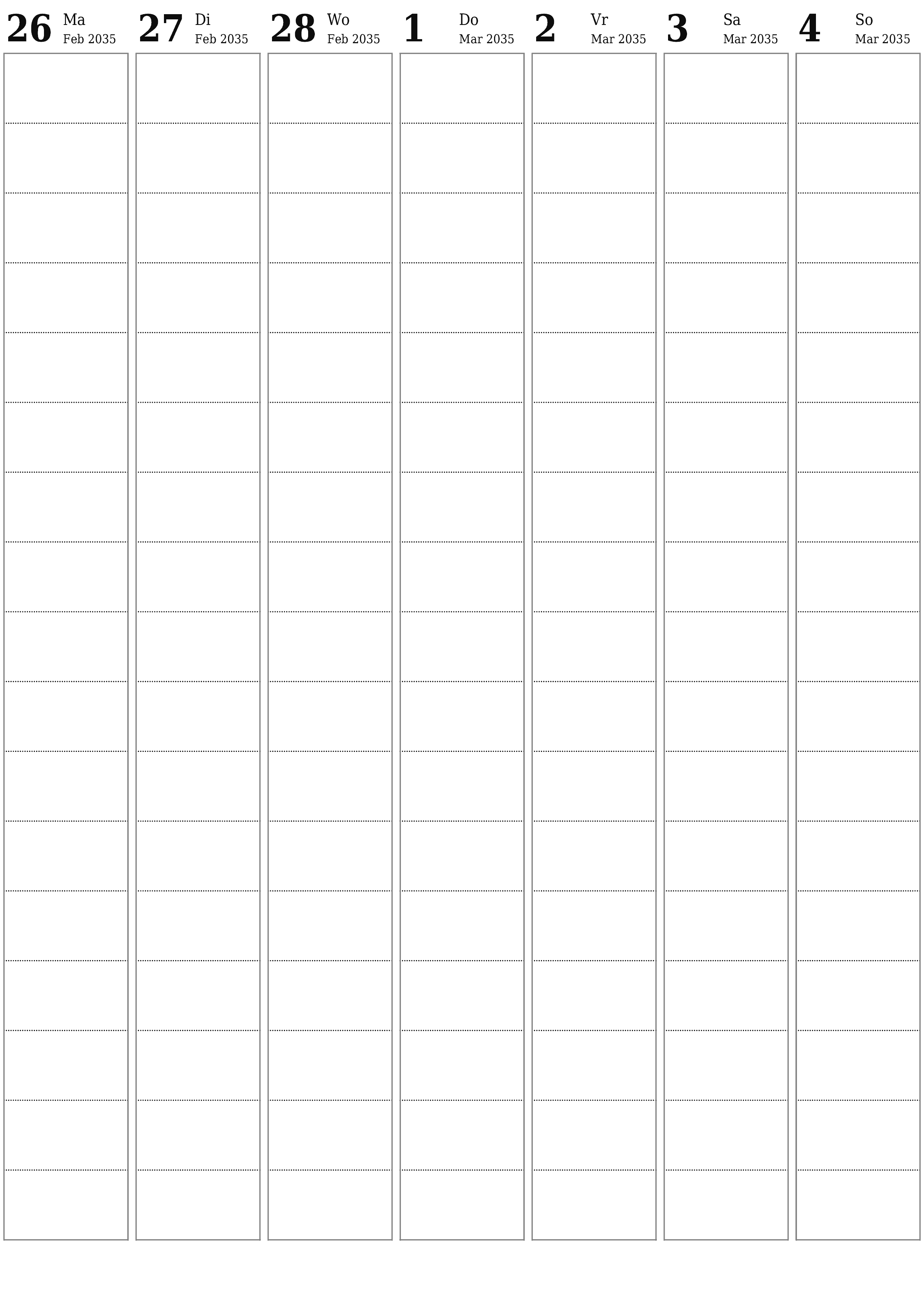 drukbare muur template gratis vertikaal Weekliks beplanner kalender Maart (Mar) 2035