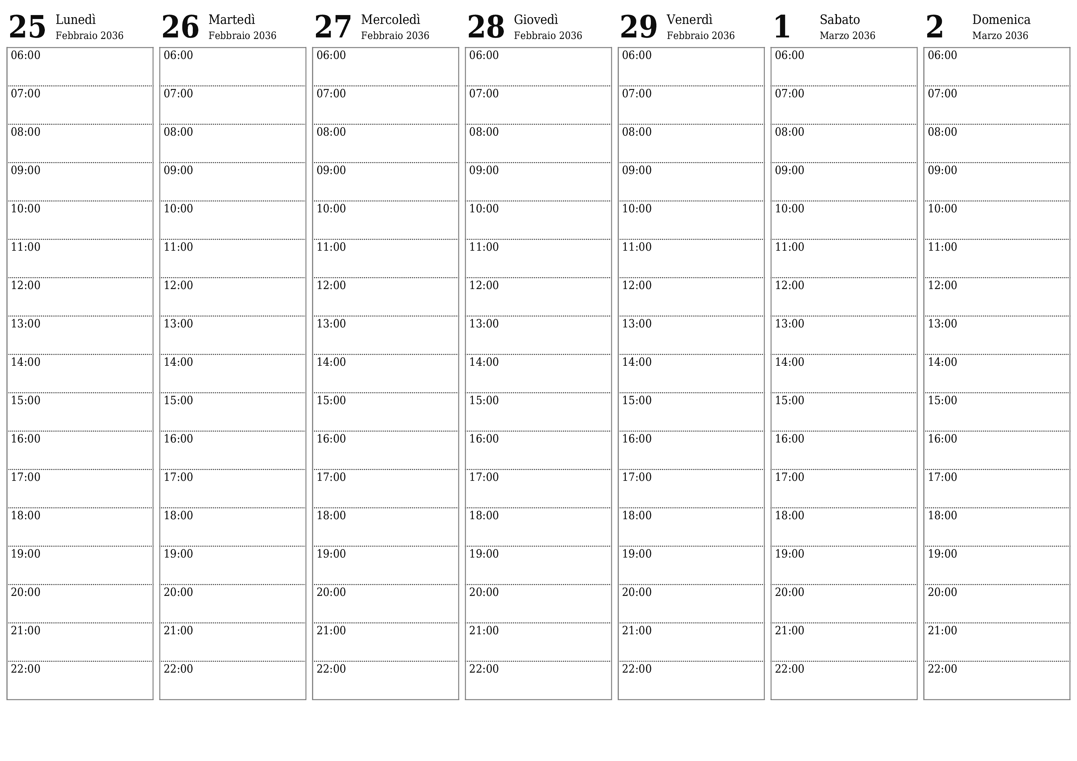 Agenda settimanale vuota per settimane Marzo 2036 con note, salva e stampa in PDF PNG Italian