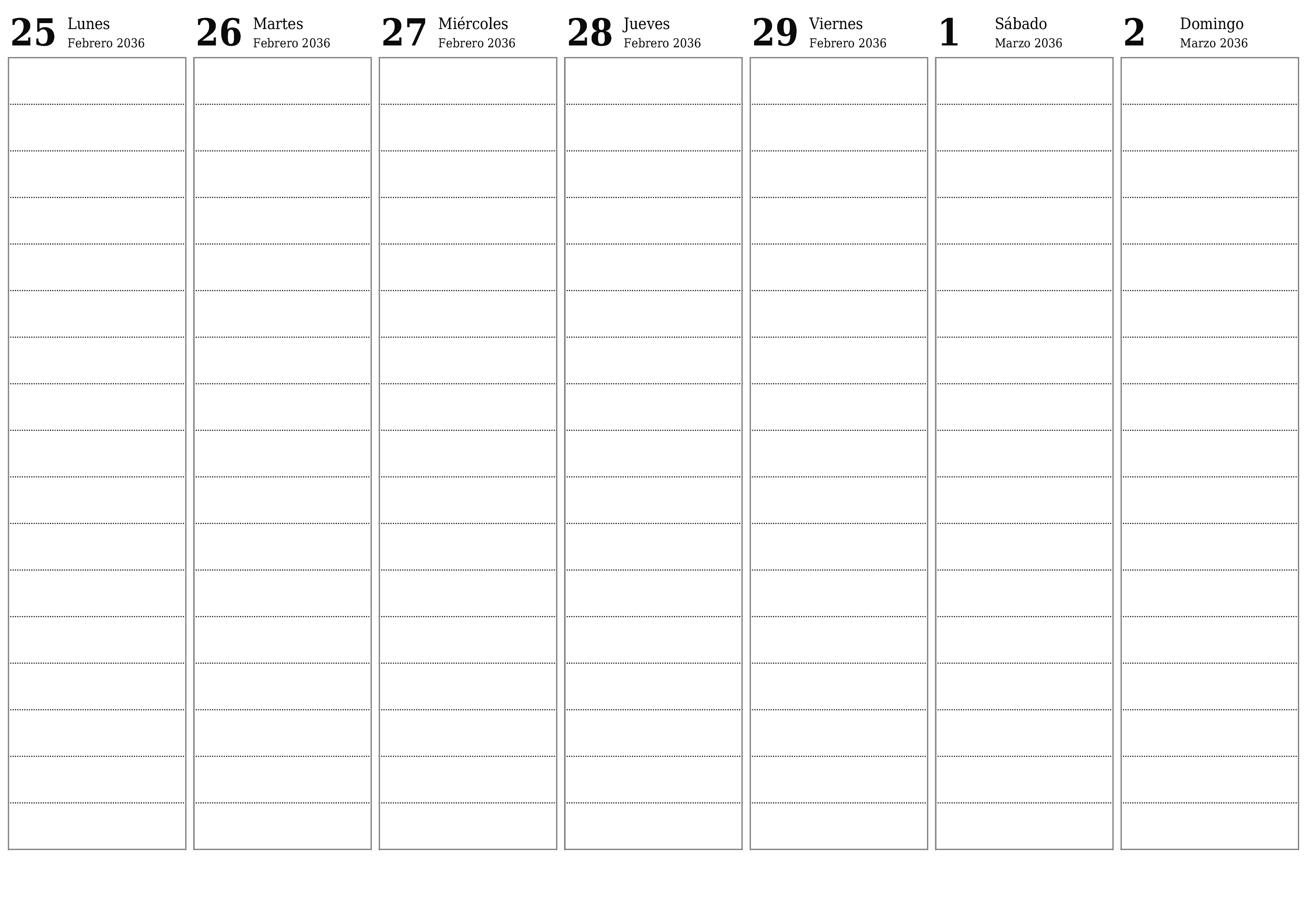 Planificador semanal vacío para semanas Marzo 2036 con notas, guardar e imprimir en PDF PNG Spanish