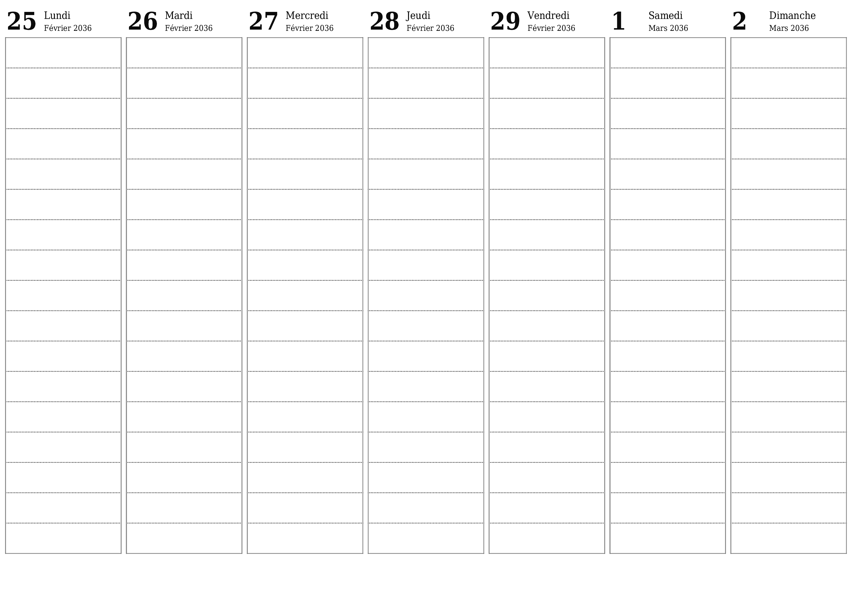 Agenda hebdomadaire vide pendant des semaines Mars 2036 avec notes, enregistrez et imprimez au format PDF PNG French