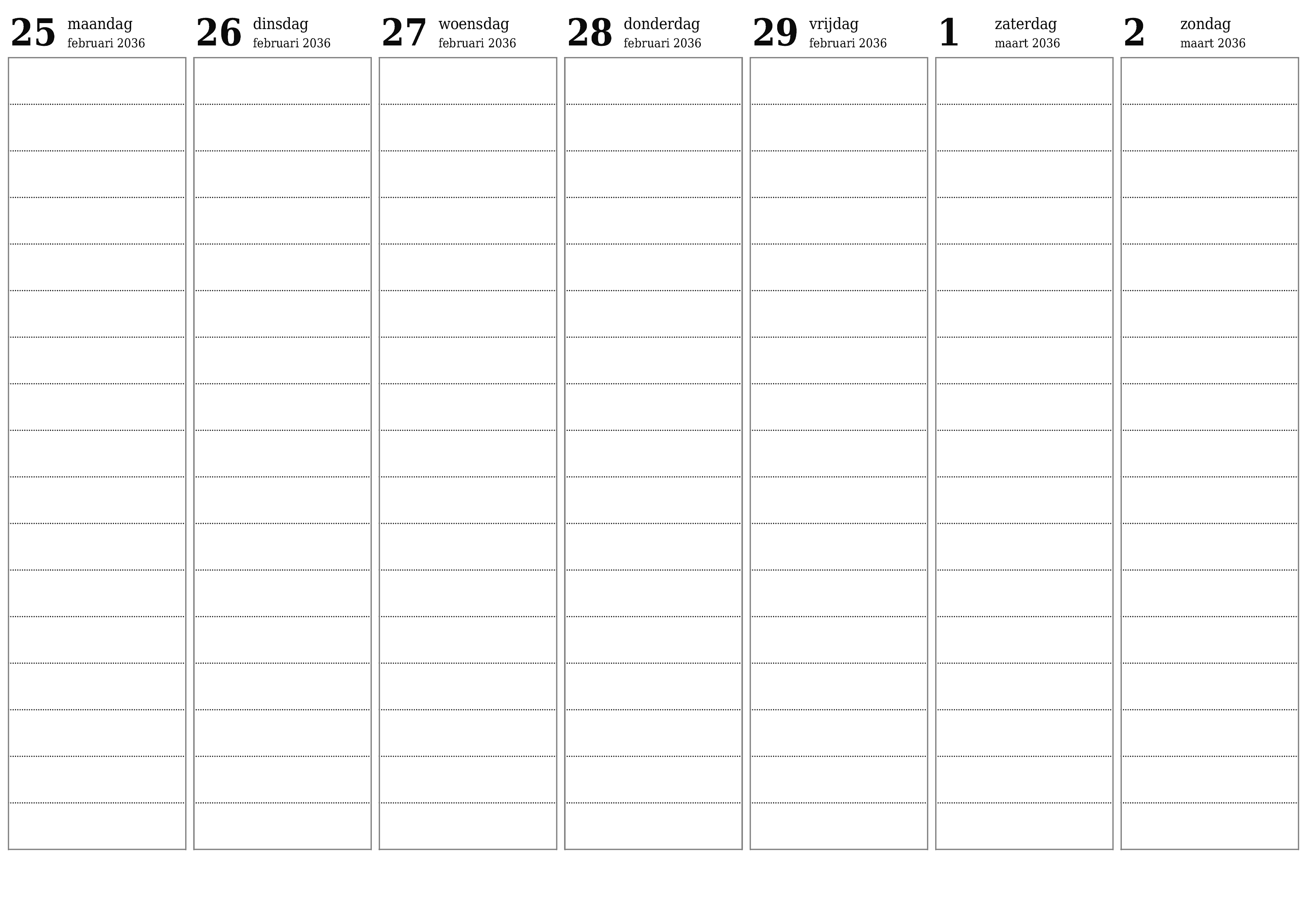 Lege weekplanner voor weken maart 2036 met notities, opslaan en afdrukken naar pdf PNG Dutch