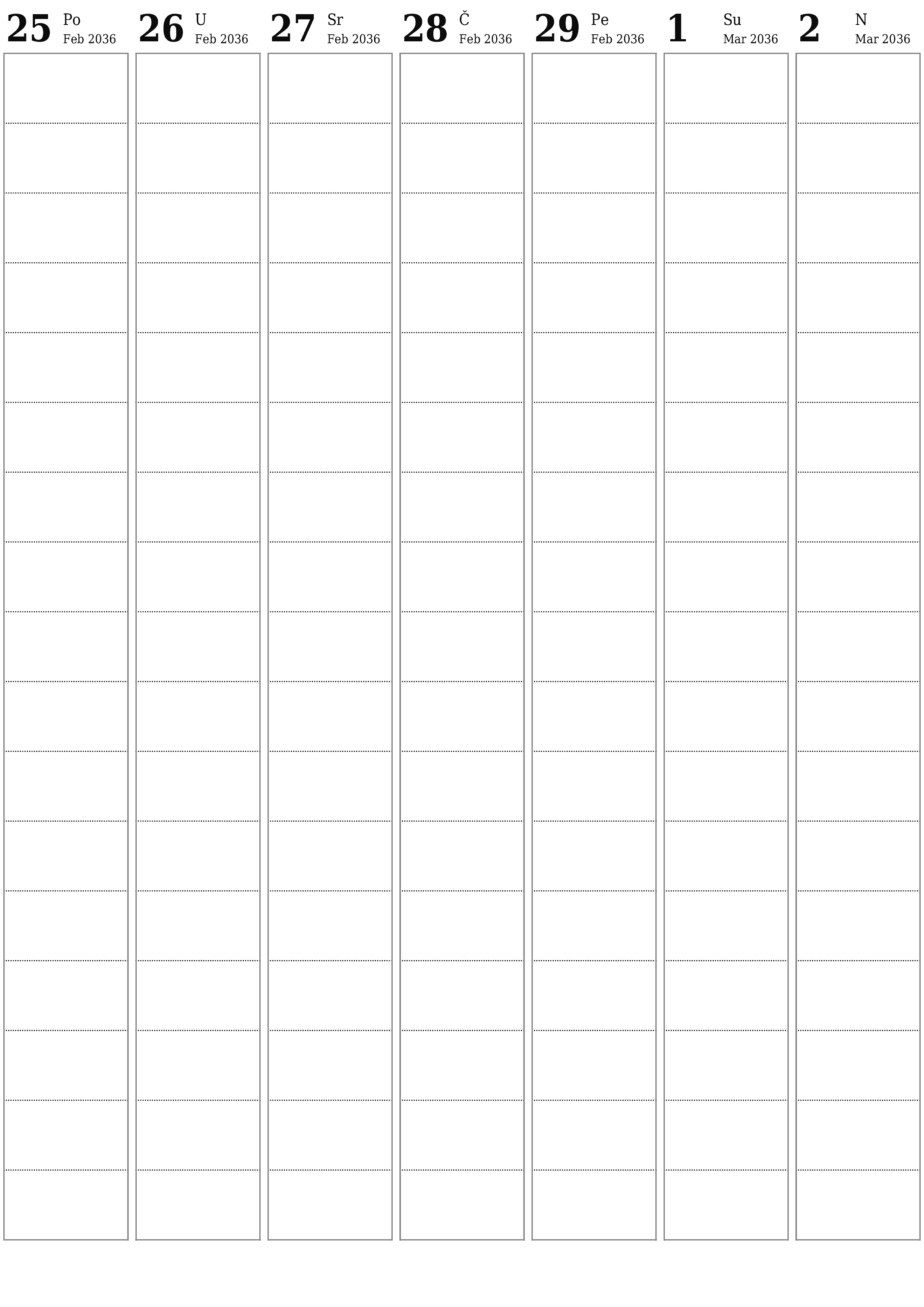  za štampanje zidni šablon a besplatni vertikalno Tjedno planer kalendar Mart (Mar) 2036