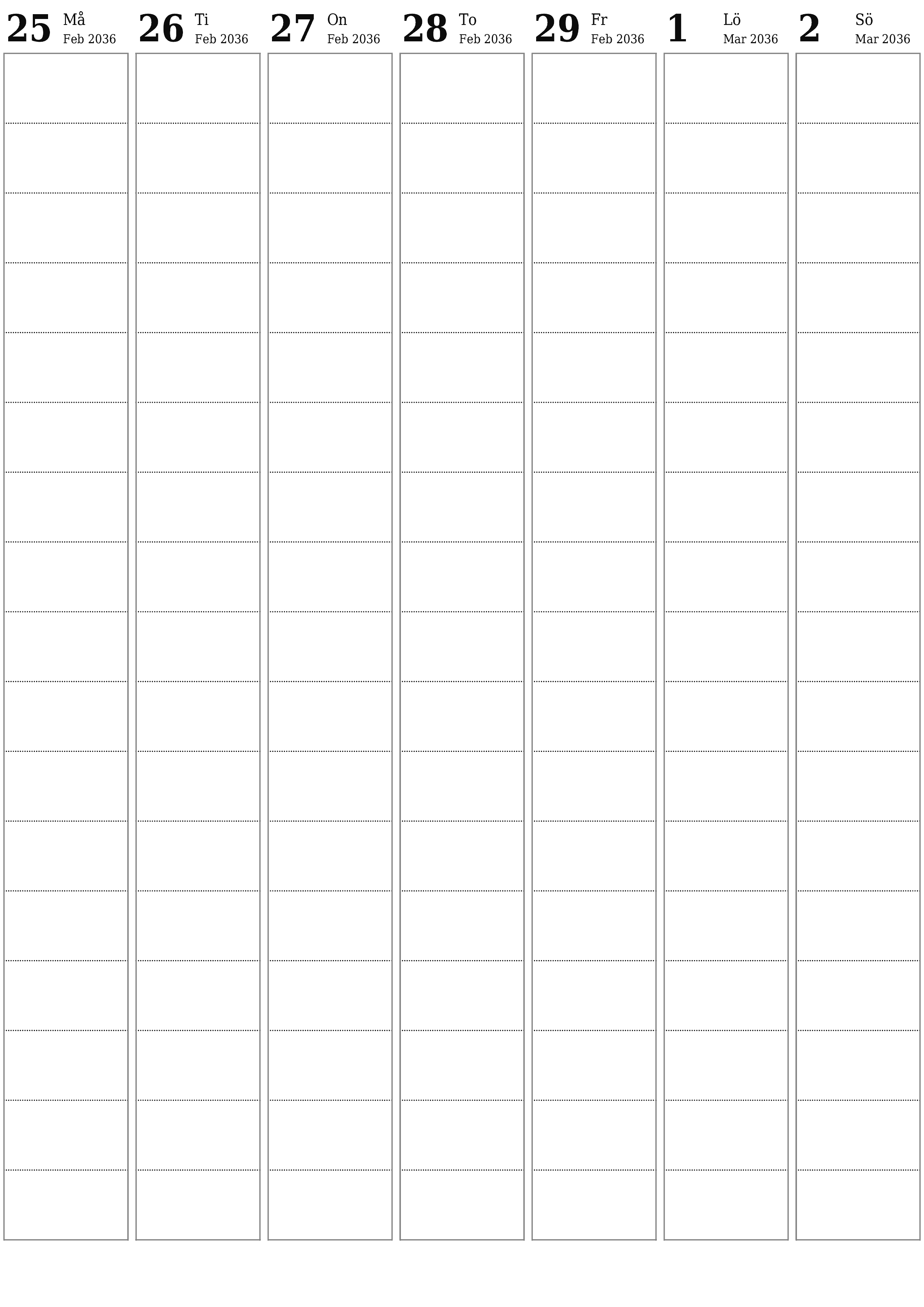 utskrivbar vägg mall gratis vertikal Veckovis planerare kalender Mars (Mar) 2036