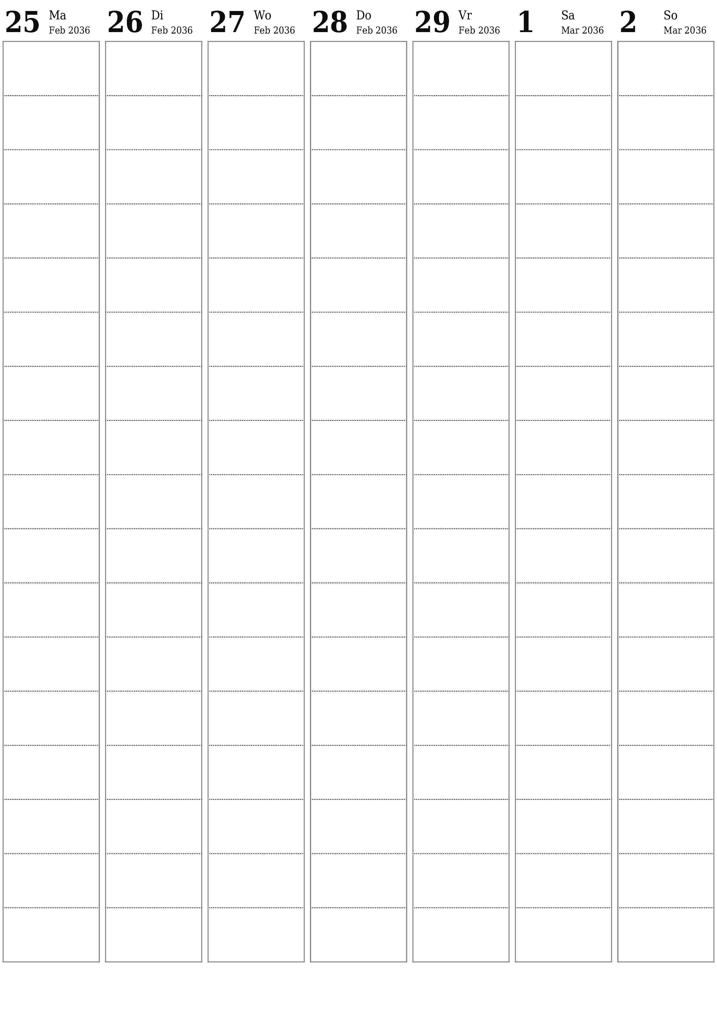 drukbare muur template gratis vertikaal Weekliks beplanner kalender Maart (Mar) 2036