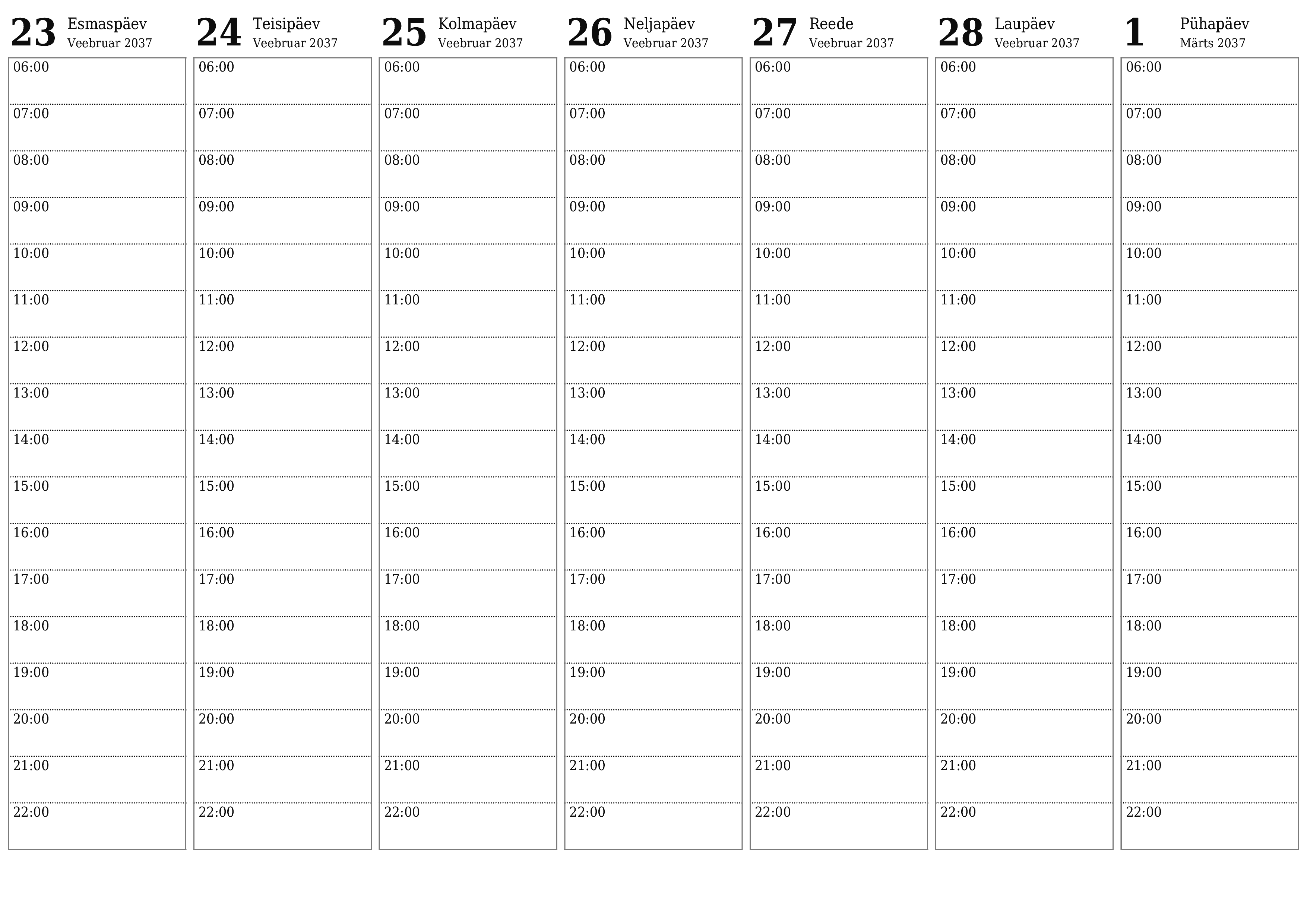 Tühjendage nädala planeerija nädalaid Märts 2037 märkmetega, salvestage ja printige PDF-i PNG Estonian