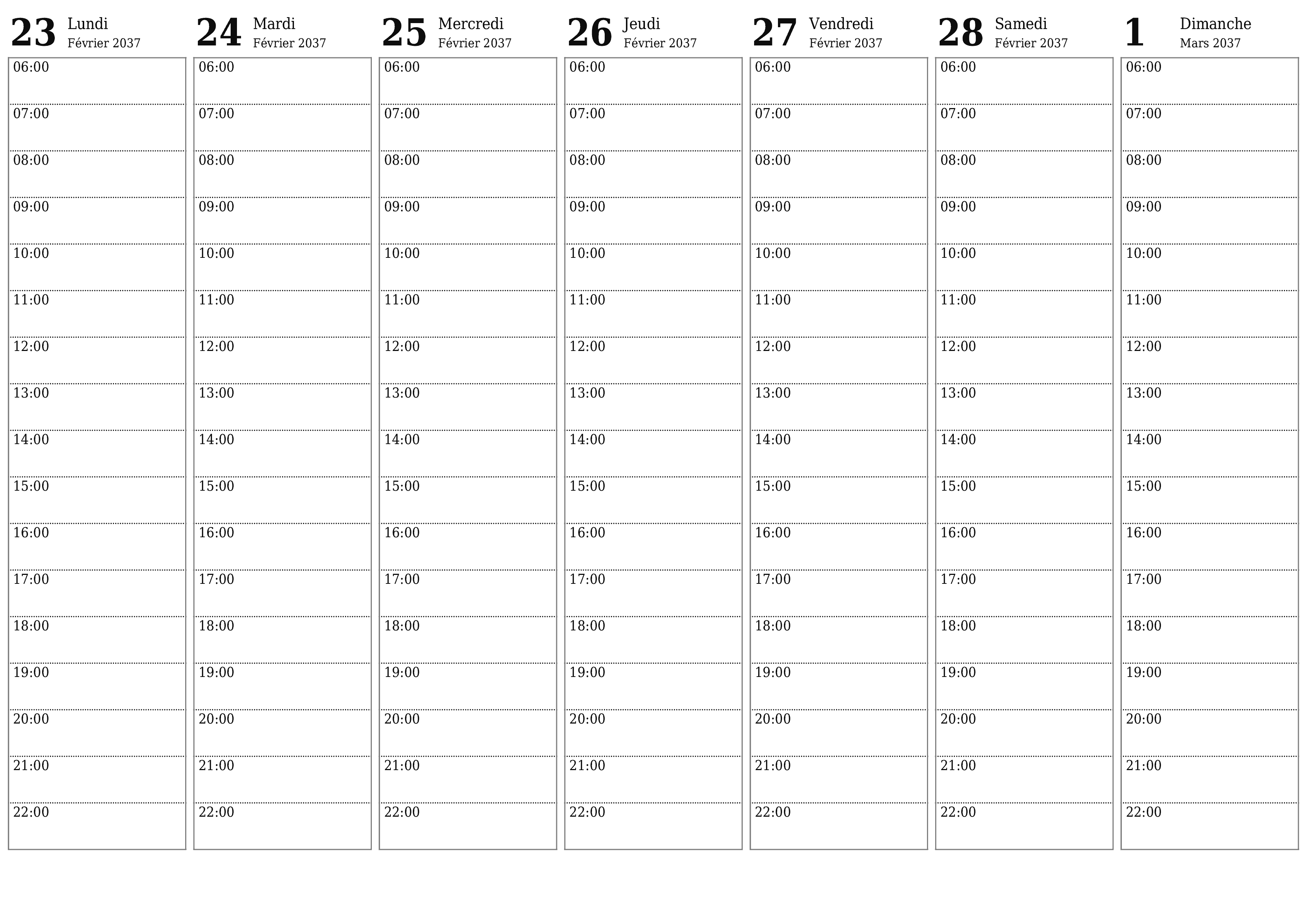 Agenda hebdomadaire vide pendant des semaines Mars 2037 avec notes, enregistrez et imprimez au format PDF PNG French