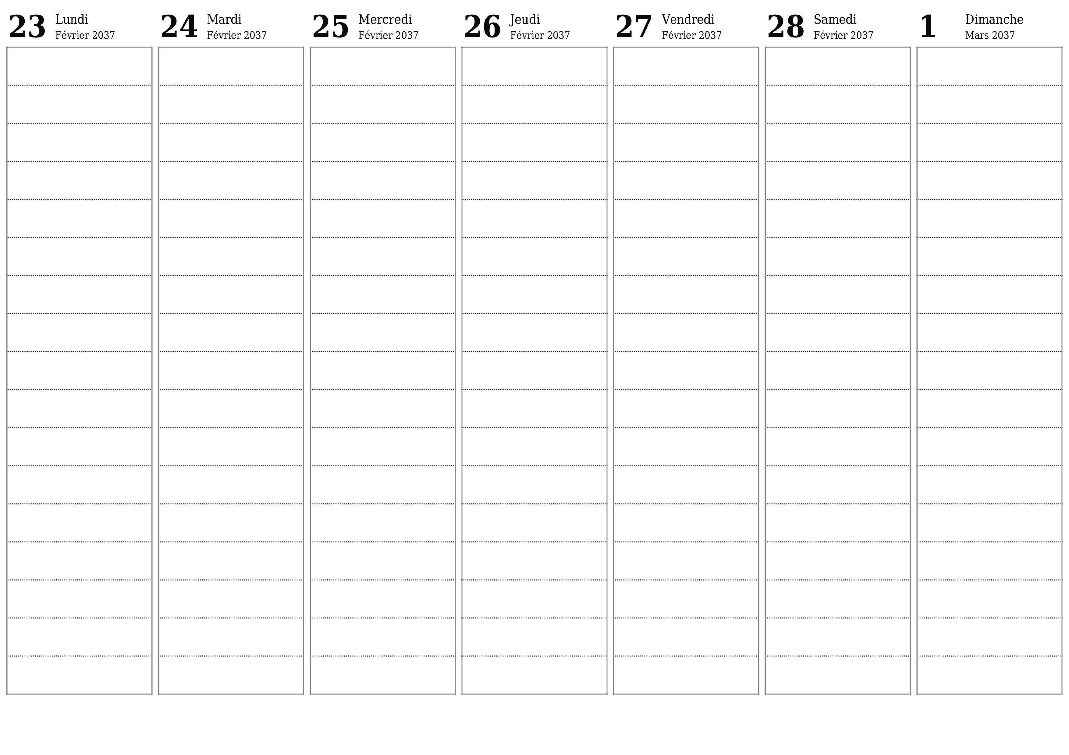 Agenda hebdomadaire vide pendant des semaines Mars 2037 avec notes, enregistrez et imprimez au format PDF PNG French