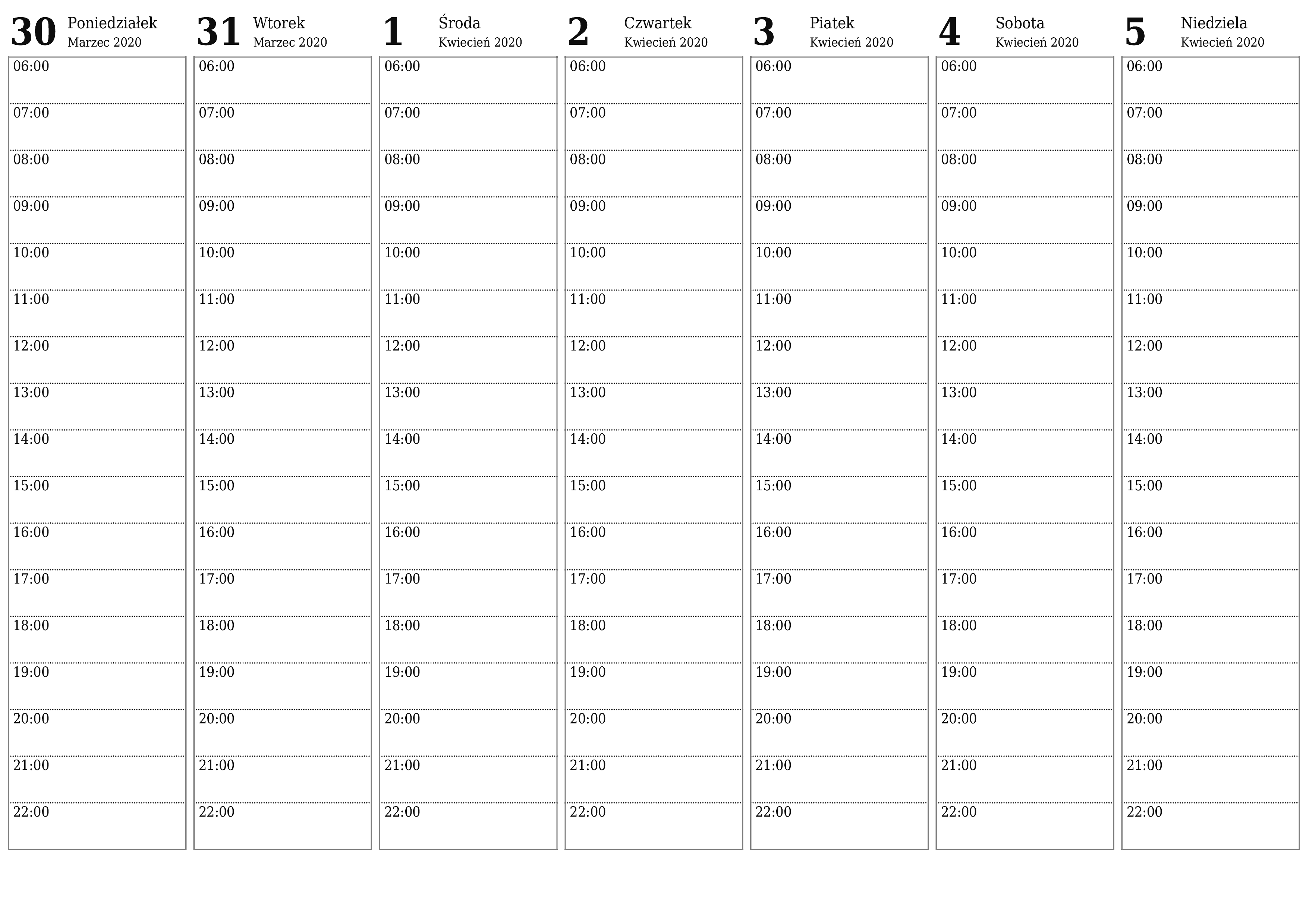 Opróżnij tygodniowy planer na tygodnie Kwiecień 2020 z notatkami, zapisz i wydrukuj w formacie PDF PNG Polish