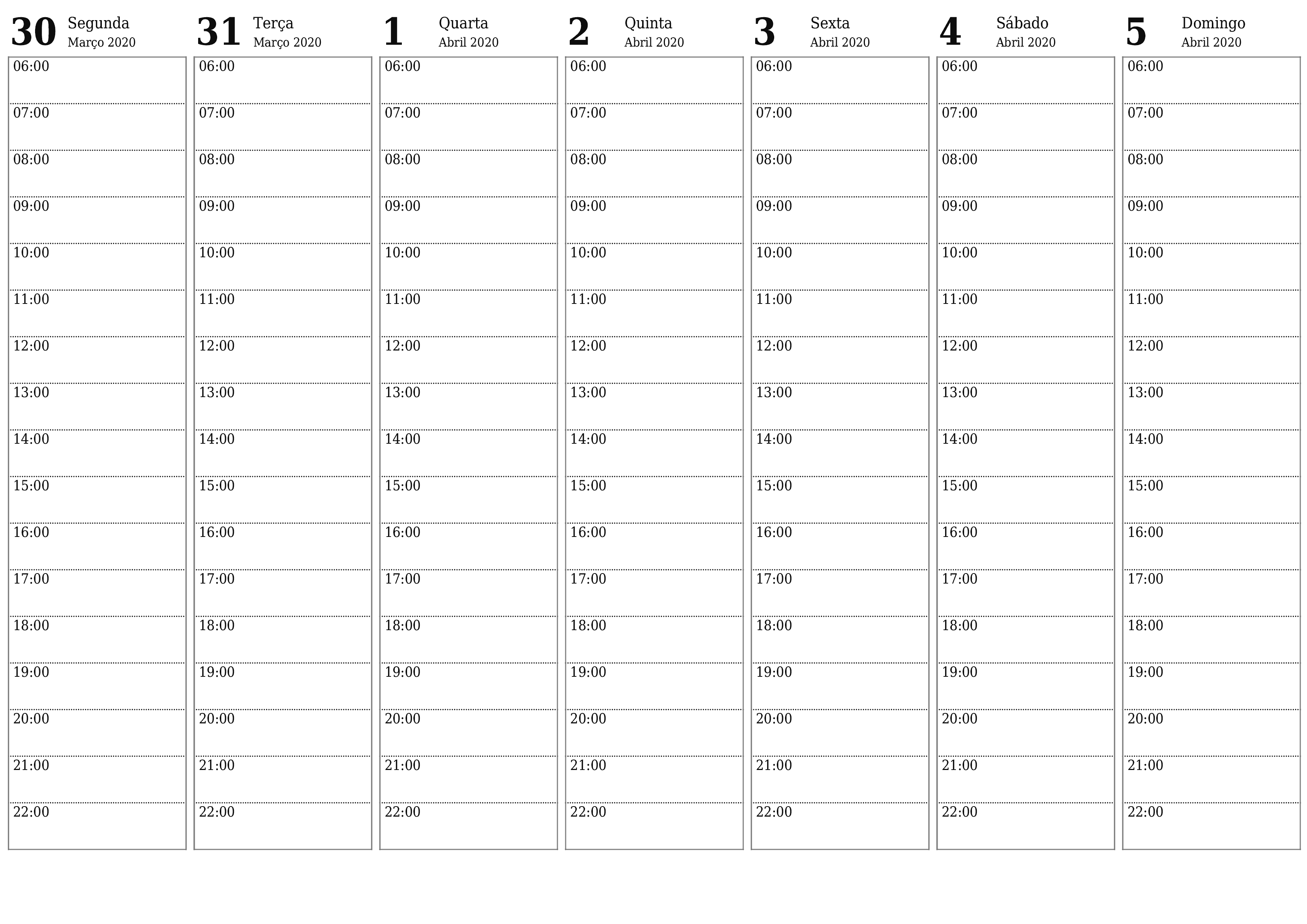 Esvazie o planejador semanal por semanas Abril 2020 com notas, salve e imprima em PDF PNG Portuguese