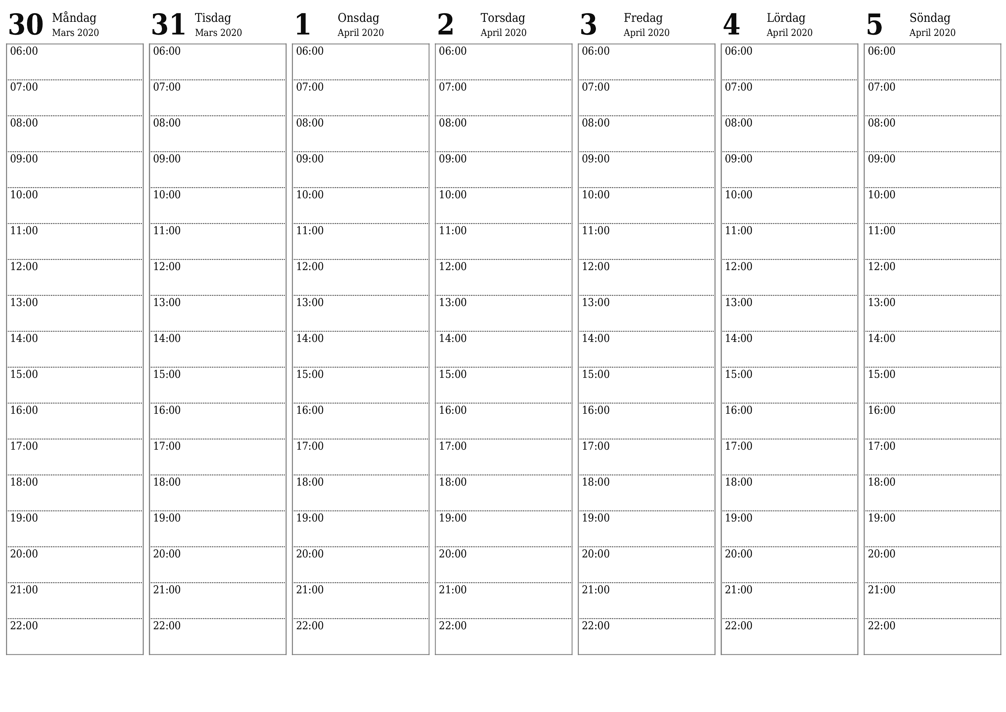 Töm veckoplaneraren i veckor April 2020 med anteckningar, spara och skriv ut till PDF PNG Swedish