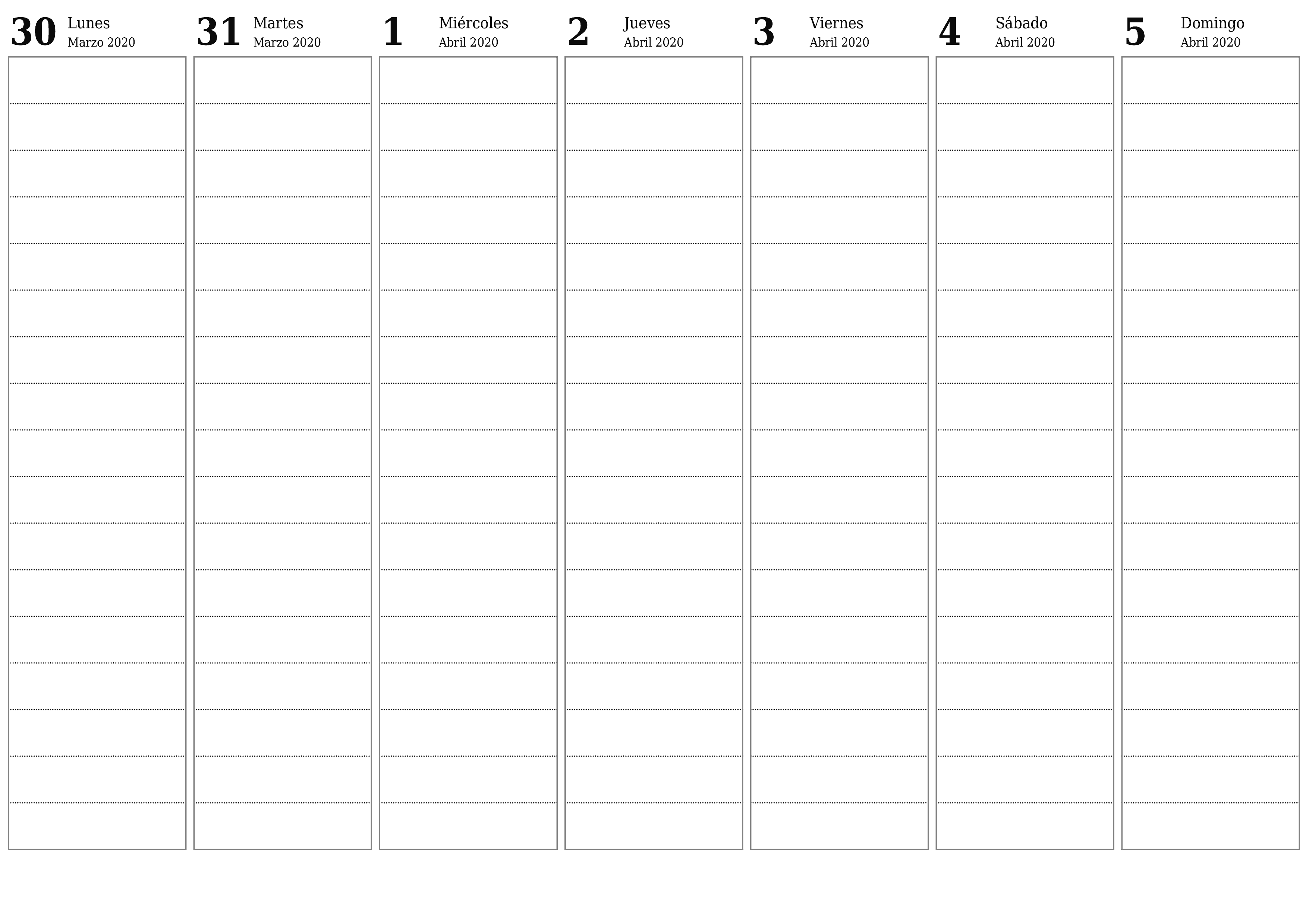 Planificador semanal vacío para semanas Abril 2020 con notas, guardar e imprimir en PDF PNG Spanish