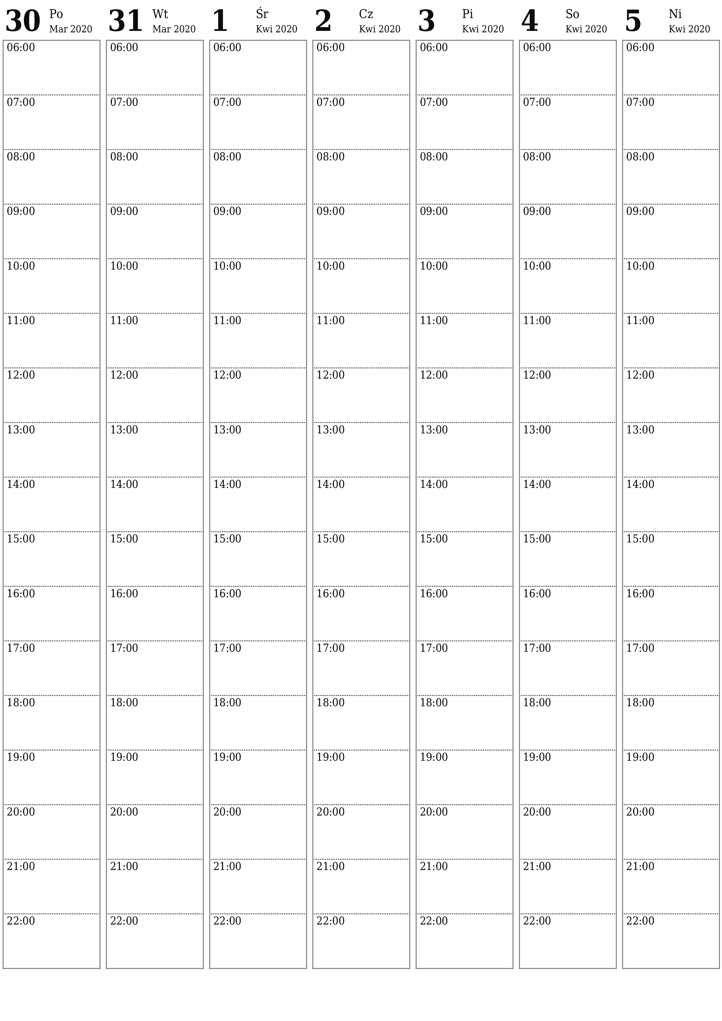 Opróżnij tygodniowy planer na tygodnie Kwiecień 2020 z notatkami, zapisz i wydrukuj w formacie PDF PNG Polish