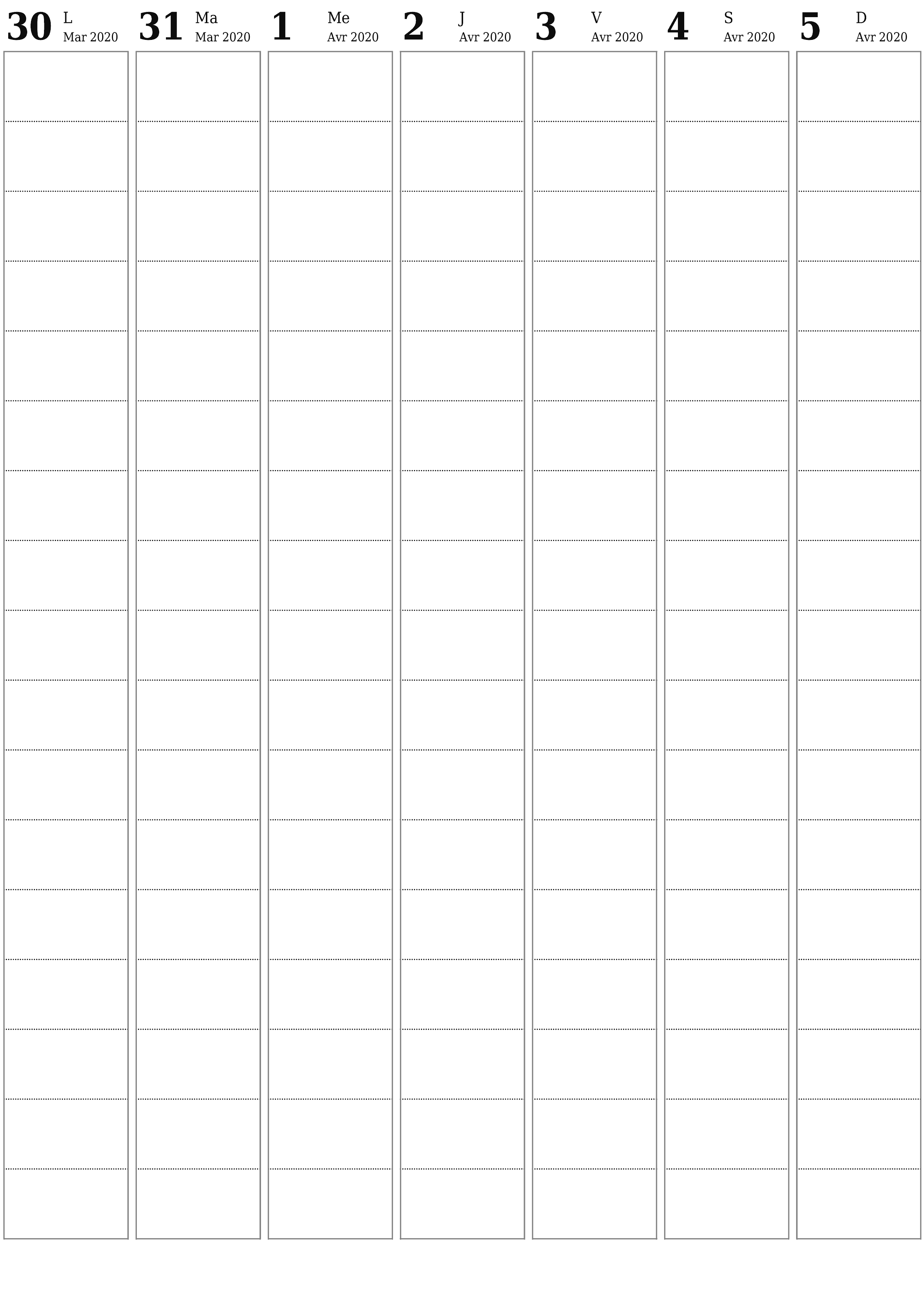 Agenda hebdomadaire vide pendant des semaines Avril 2020 avec notes, enregistrez et imprimez au format PDF PNG French