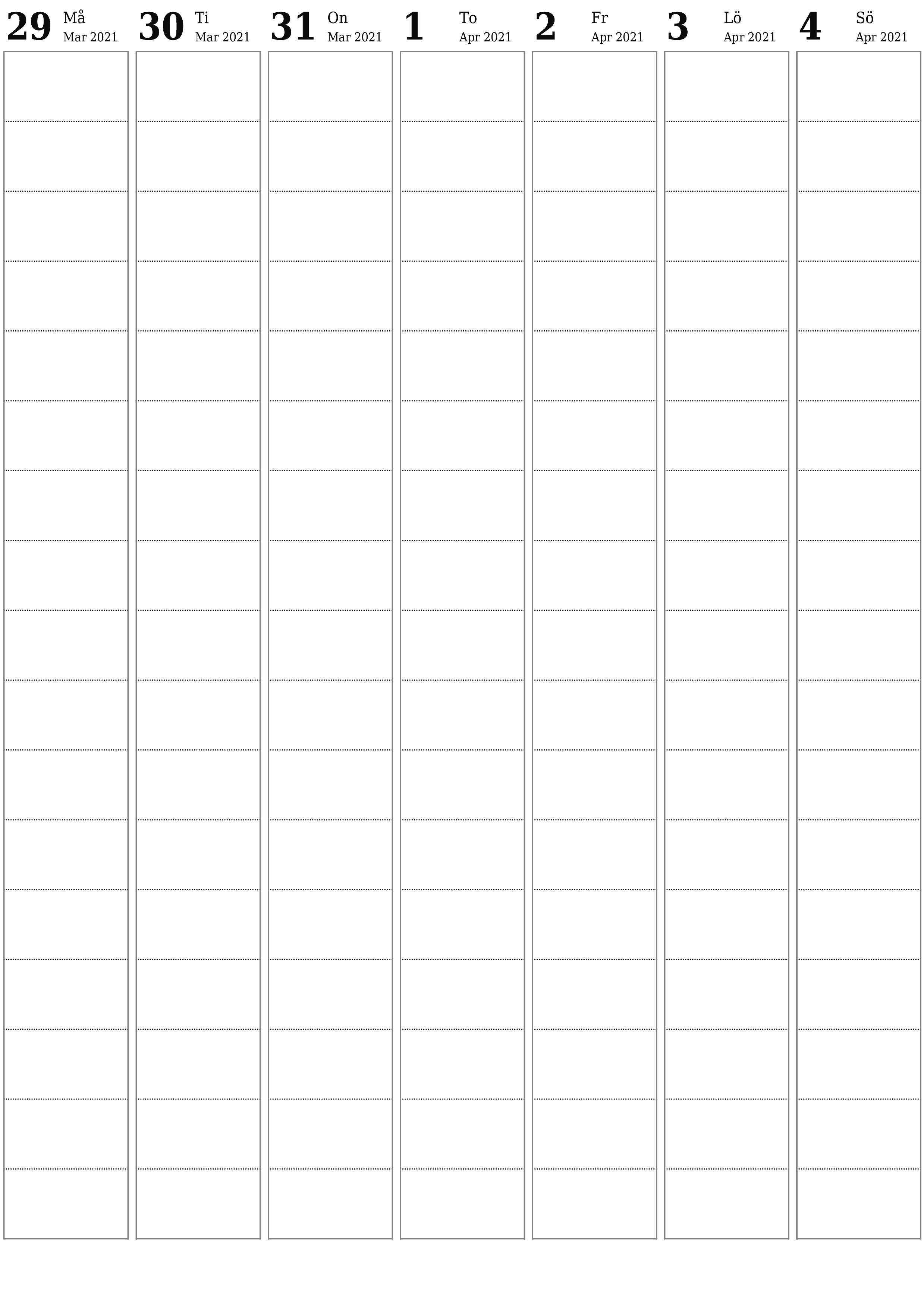 Töm veckoplaneraren i veckor April 2021 med anteckningar, spara och skriv ut till PDF PNG Swedish