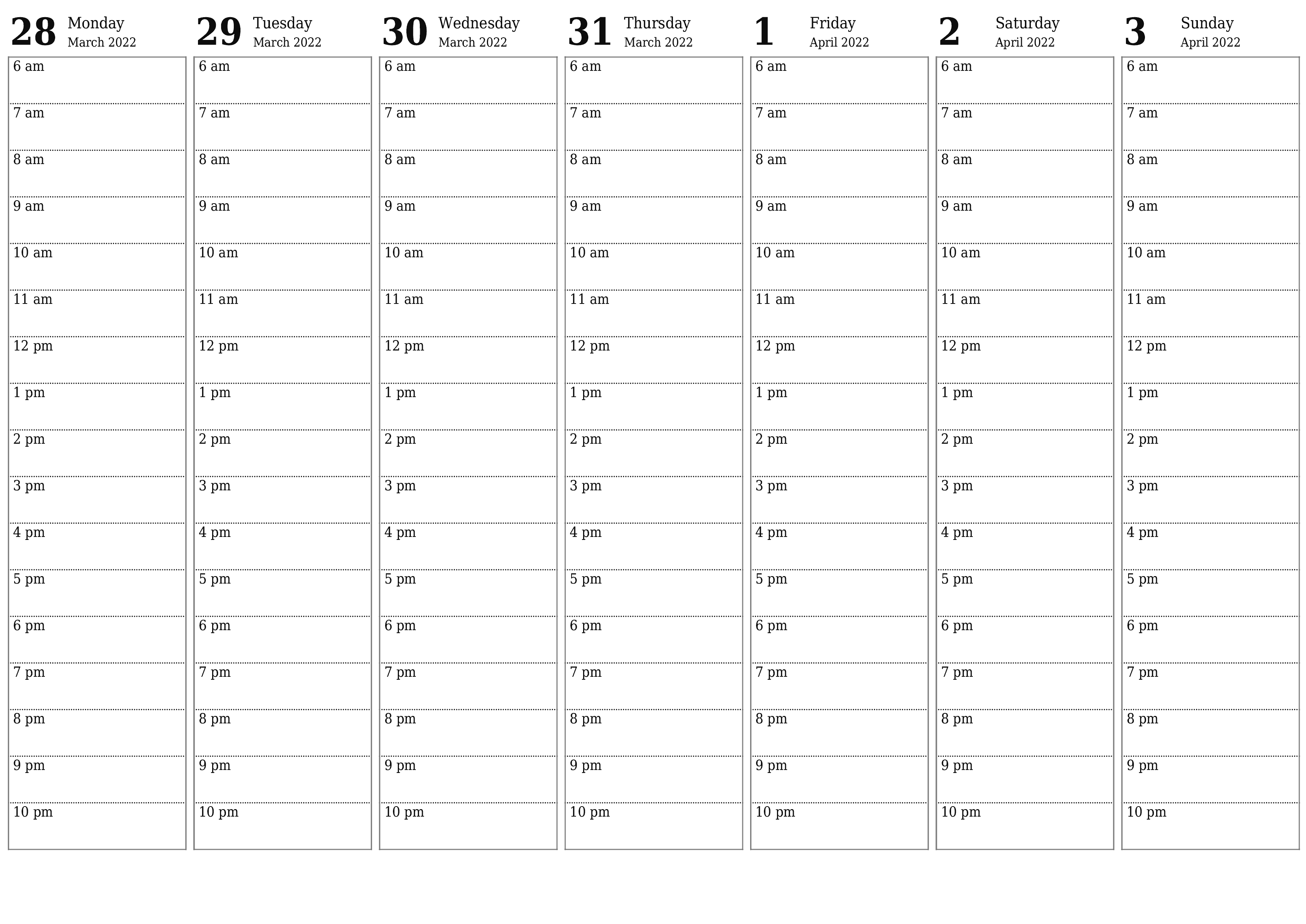 Blank weekly dated HD template image of calendar for week April 2022 save and print to PDF PNG English - 7calendar.com