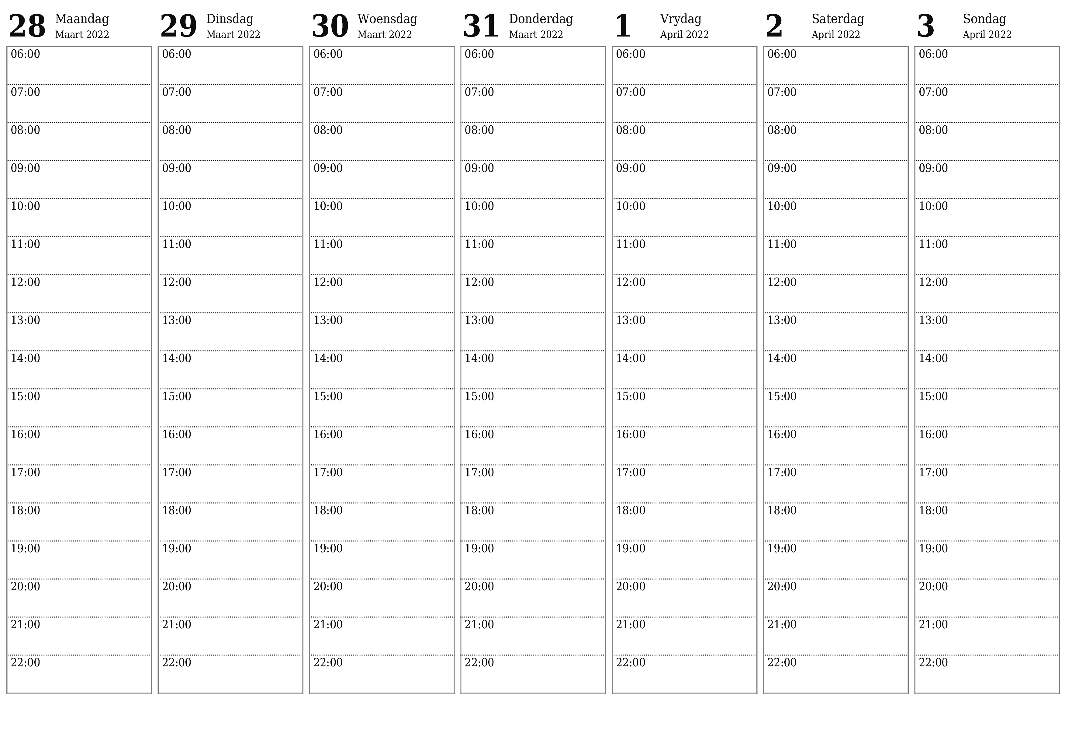 Leë weeklikse drukbare kalender en beplanner vir week April 2022 met notas, stoor en druk na PDF PNG Afrikaans