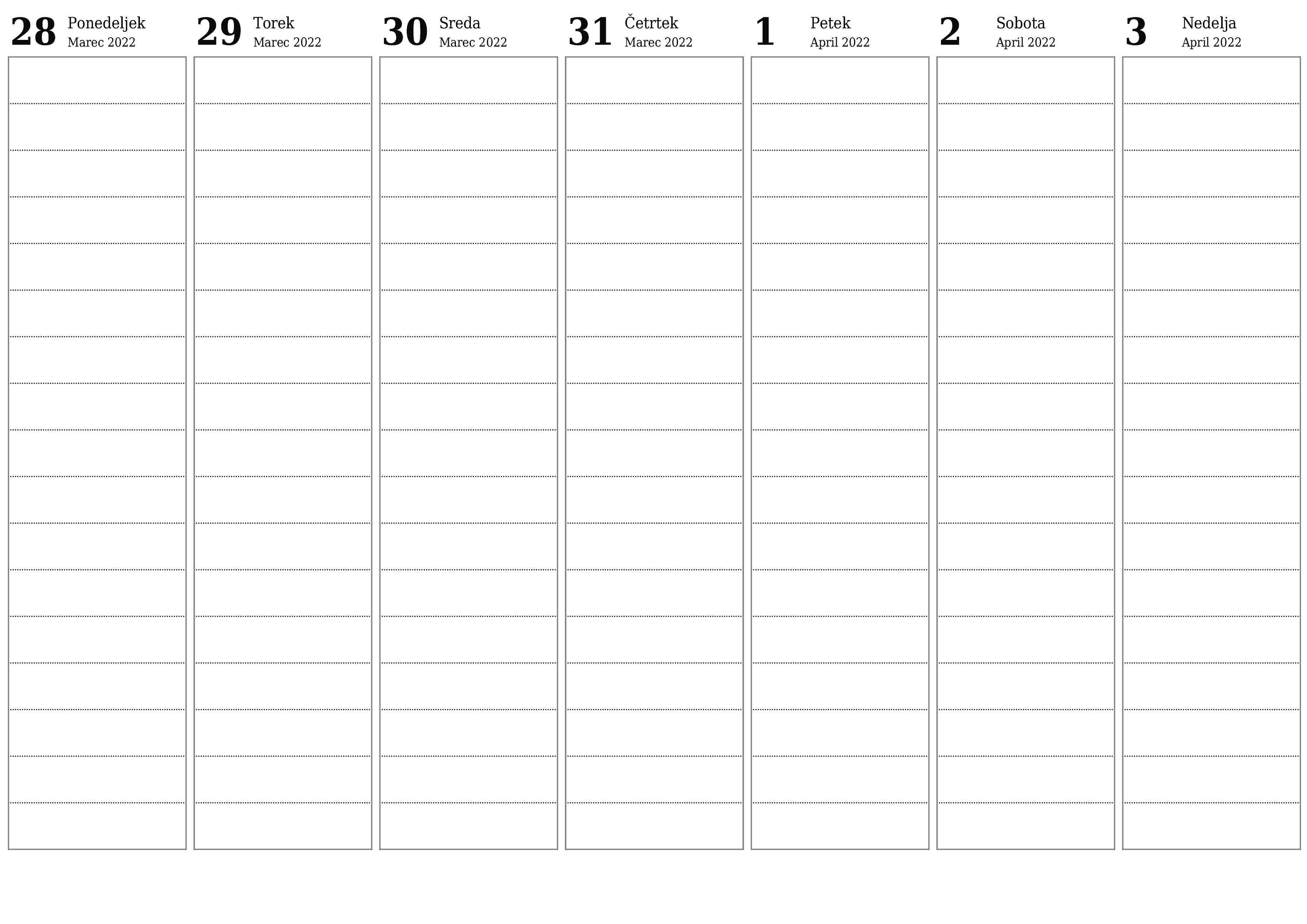Prazen tedenski koledarski načrtovalec za tedne April 2022 z opombami za tiskanje v PDF PNG Slovenian