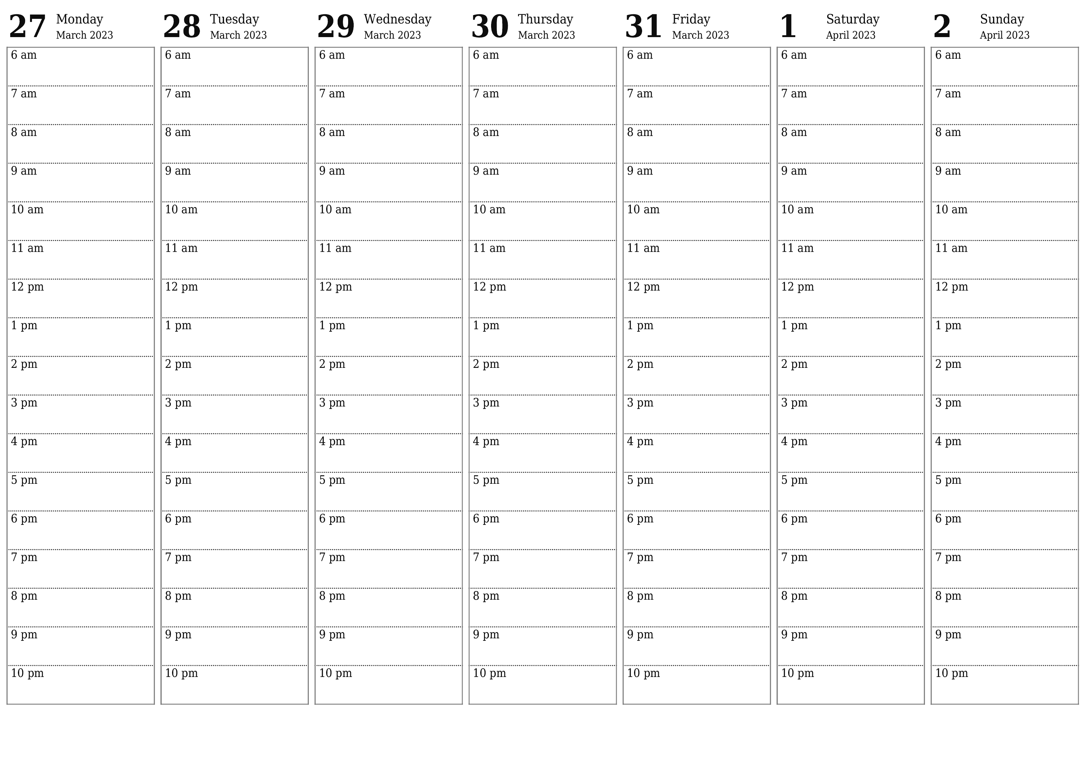 Blank weekly printable calendar and planner for week April 2023 with notes, save and print to PDF PNG English - 7calendar.com