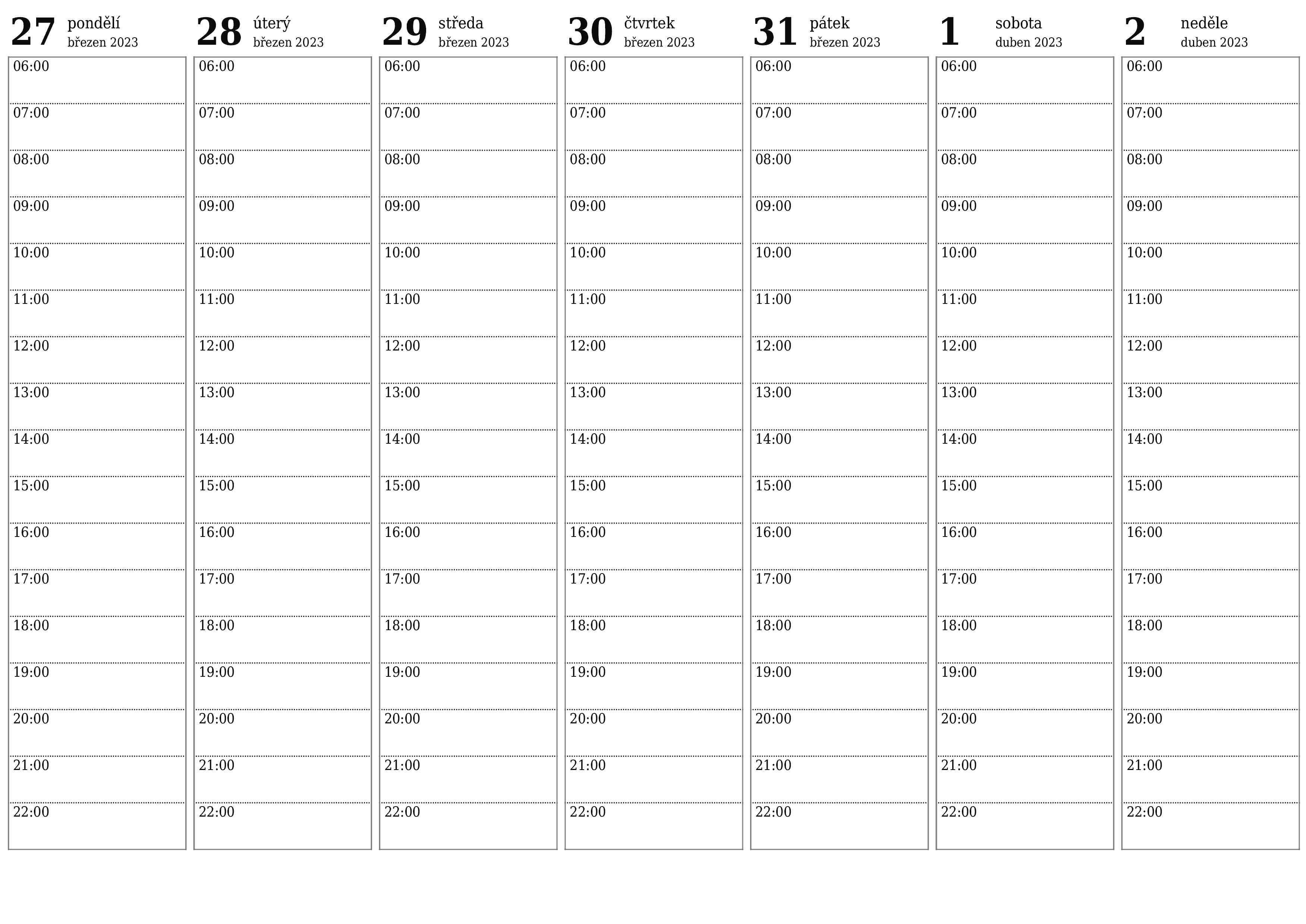 Prázdný týdenní kalendář na týden duben 2023 uložit a vytisknout do PDF PNG Czech - 7calendar.com