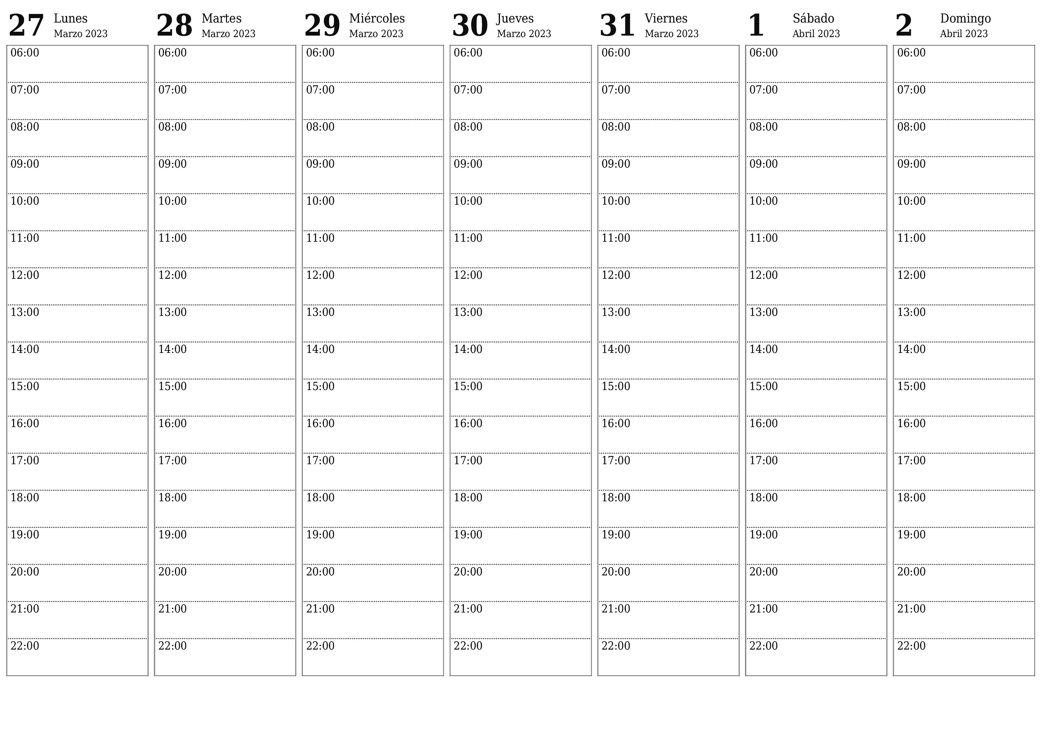 Calendario semanal en blanco para la semana Abril 2023 guardar e imprimir en PDF PNG Spanish - 7calendar.com