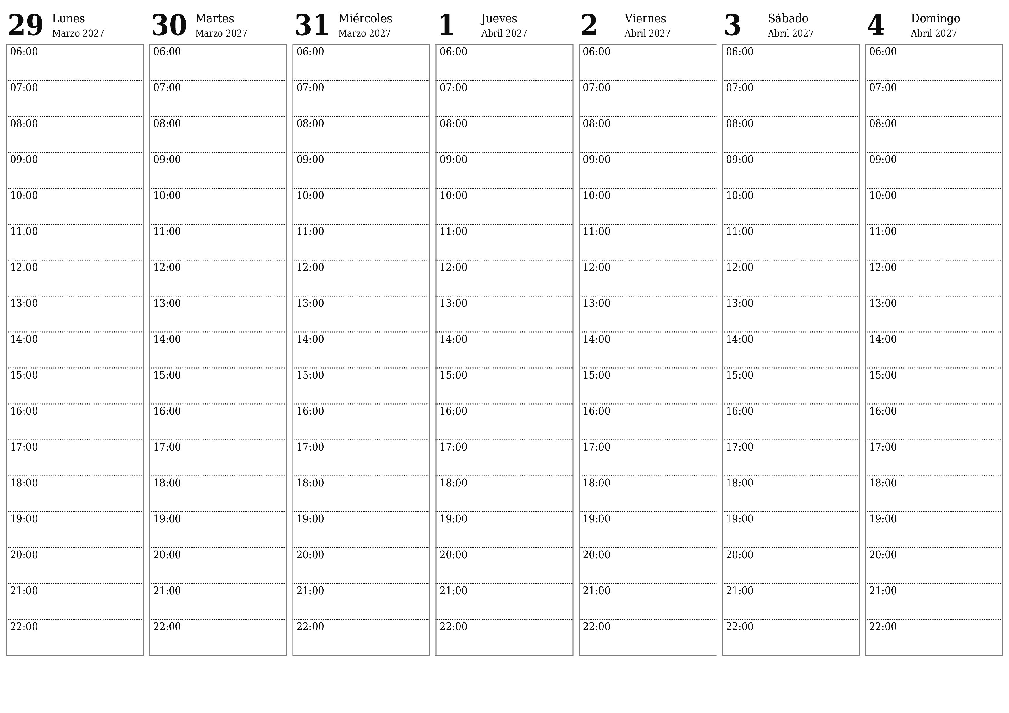 Planificador semanal vacío para semanas Abril 2027 con notas, guardar e imprimir en PDF PNG Spanish