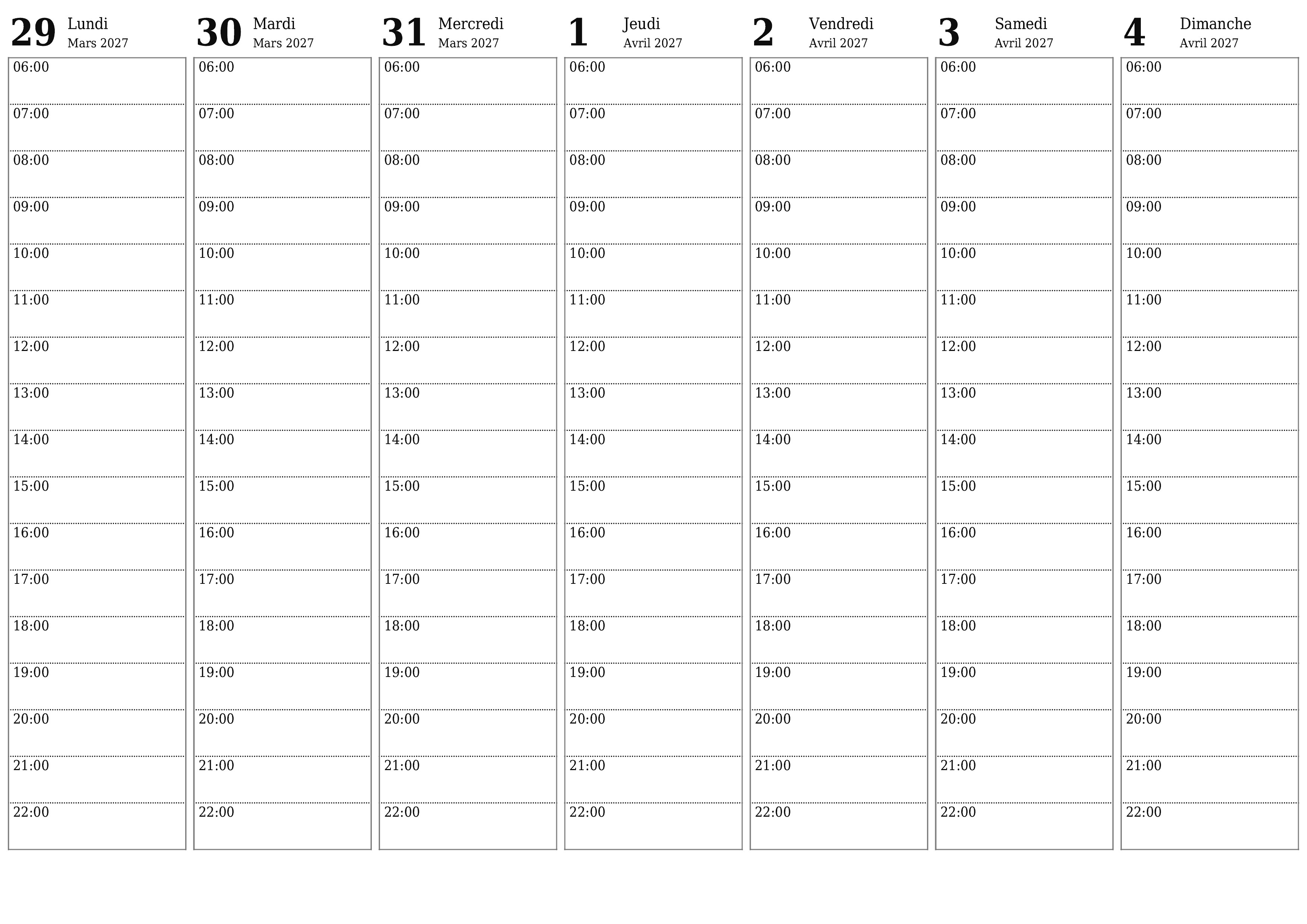 Agenda hebdomadaire vide pendant des semaines Avril 2027 avec notes, enregistrez et imprimez au format PDF PNG French