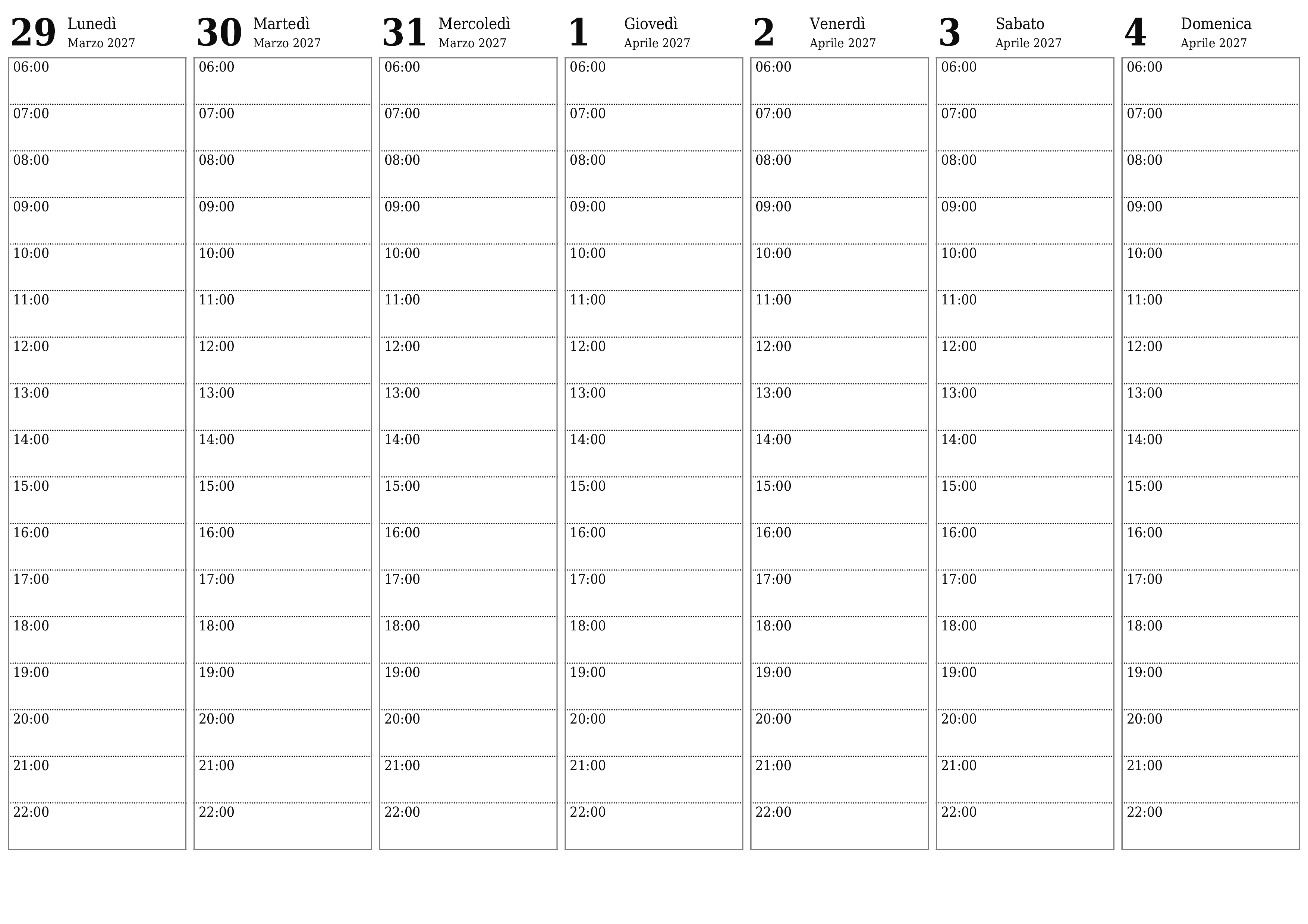 Agenda settimanale vuota per settimane Aprile 2027 con note, salva e stampa in PDF PNG Italian