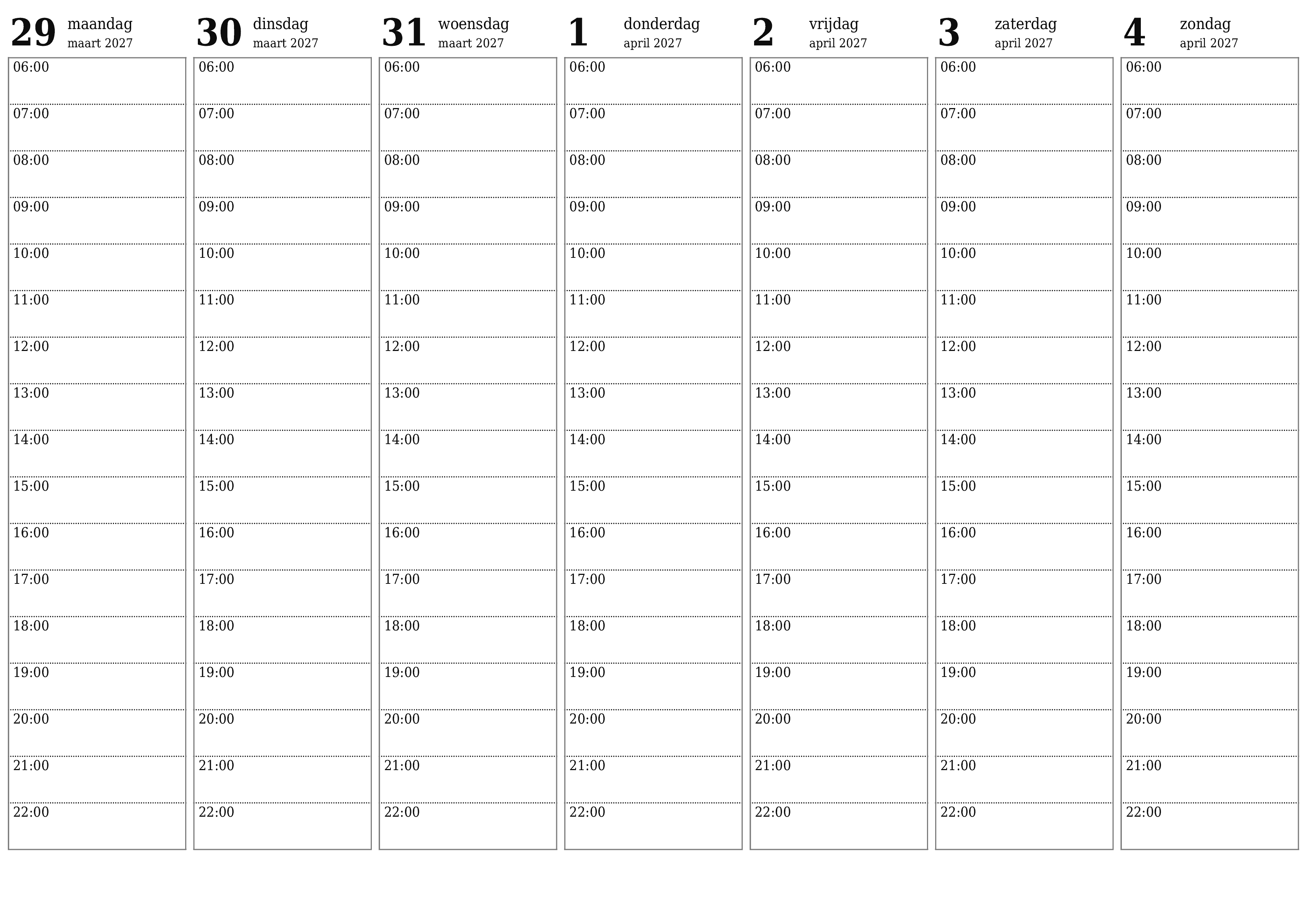 Lege weekplanner voor weken april 2027 met notities, opslaan en afdrukken naar pdf PNG Dutch