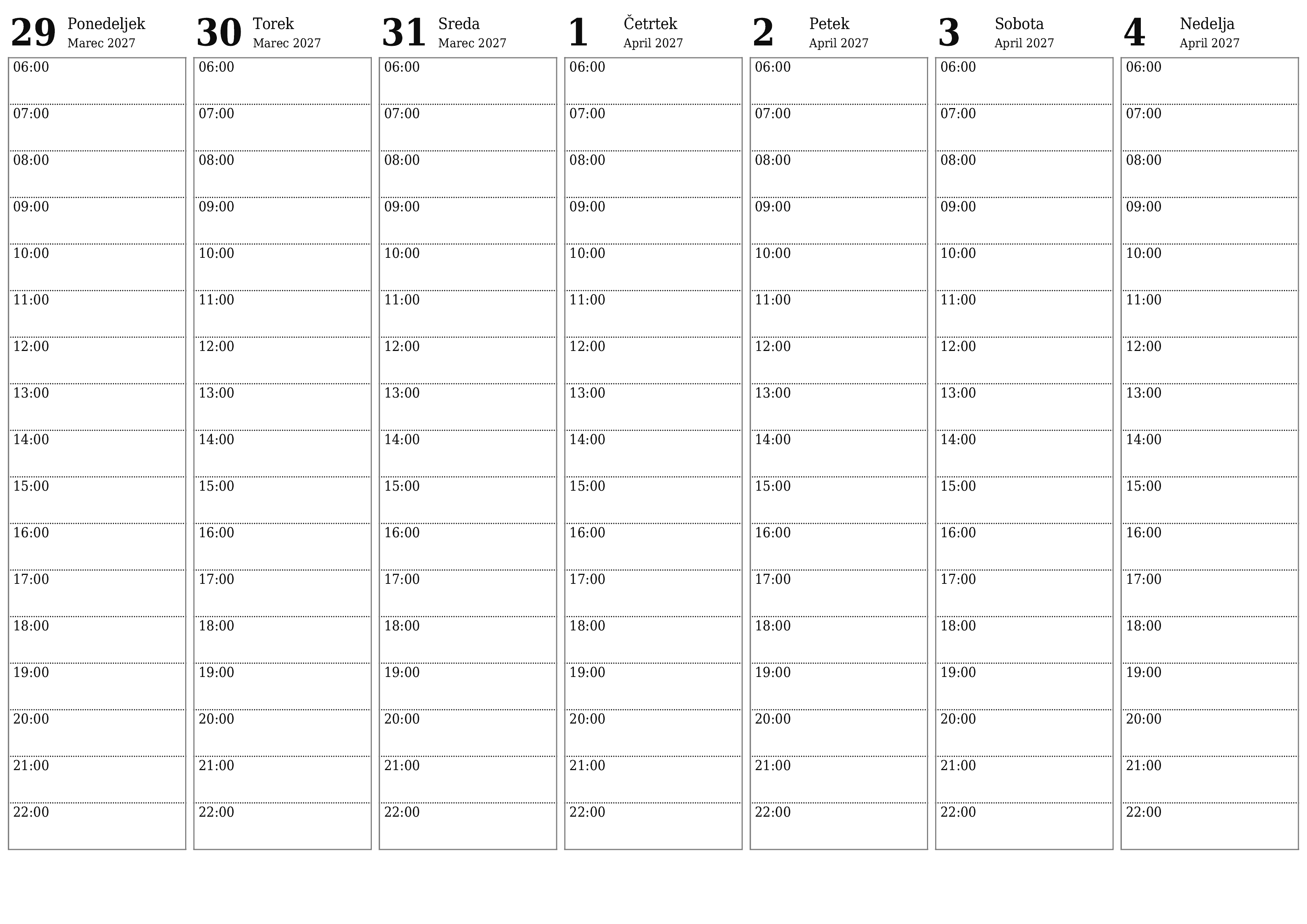 Prazen tedenski koledarski načrtovalec za tedne April 2027 z opombami za tiskanje v PDF PNG Slovenian