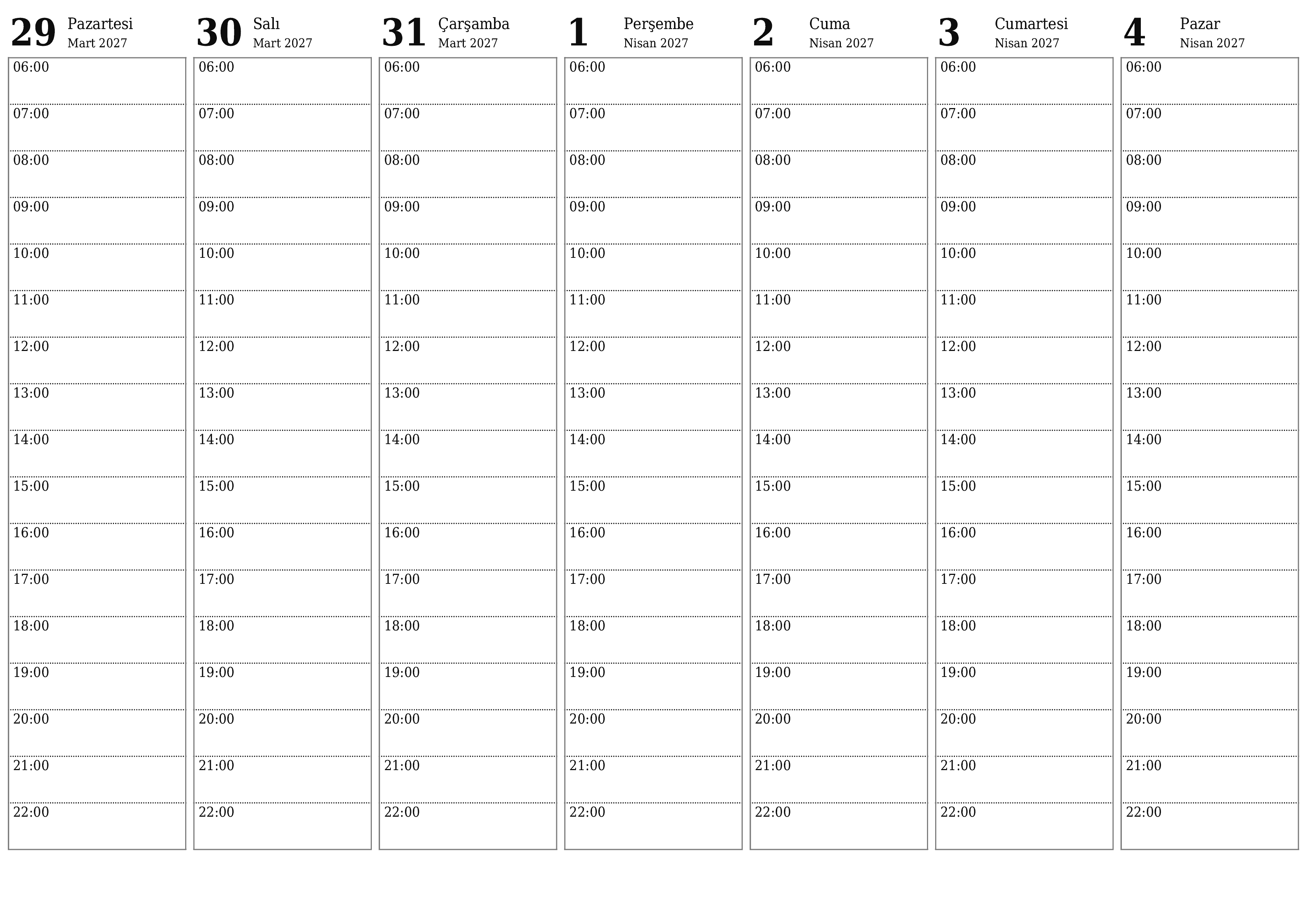 Haftalar için notlarla boş haftalık planlayıcı Nisan 2027, kaydedin ve PDF'ye yazdırın PNG Turkish