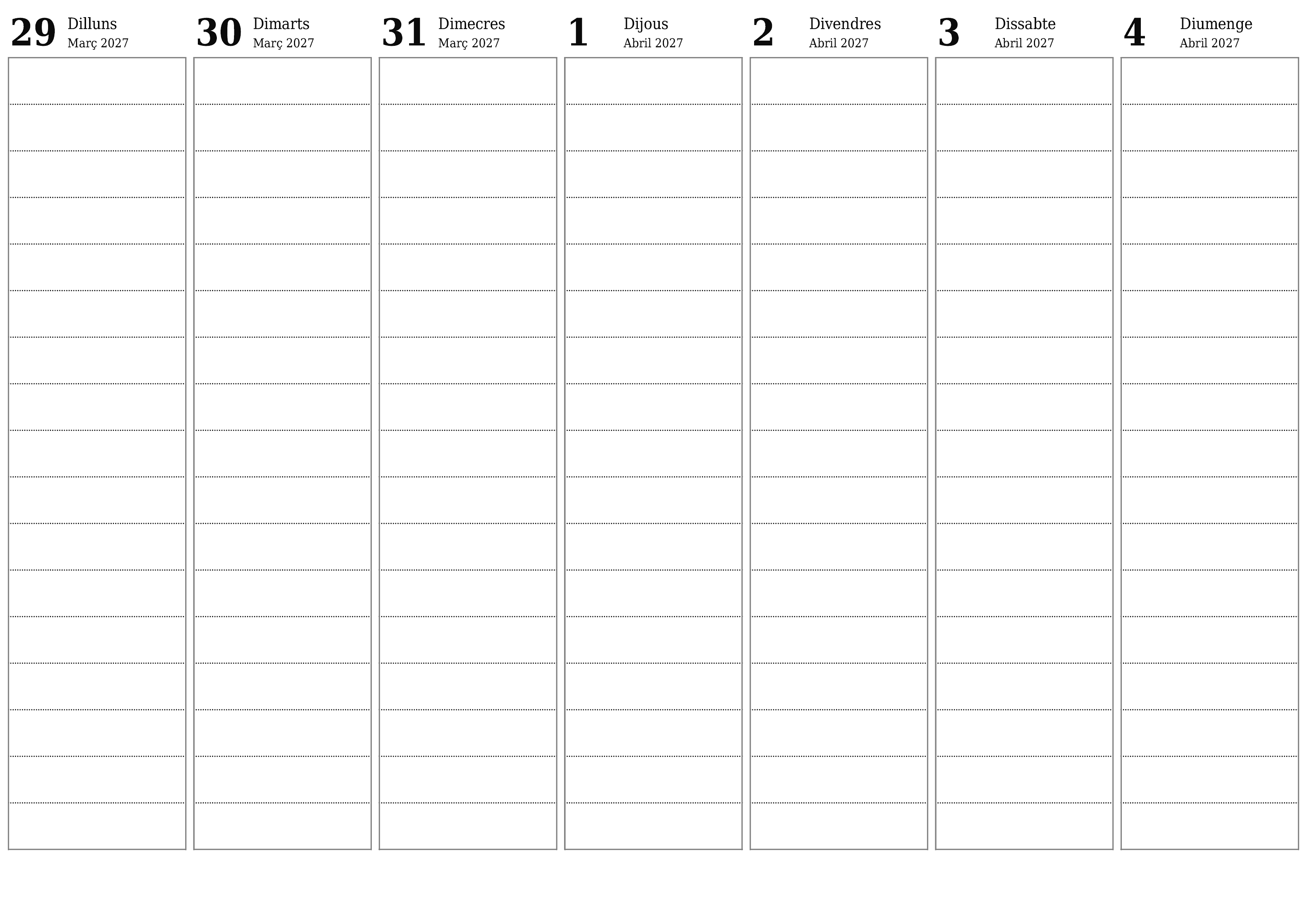 Planificador setmanal buit durant setmanes Abril 2027 amb notes, deseu-lo i imprimiu-lo en format PDF PNG Catalan