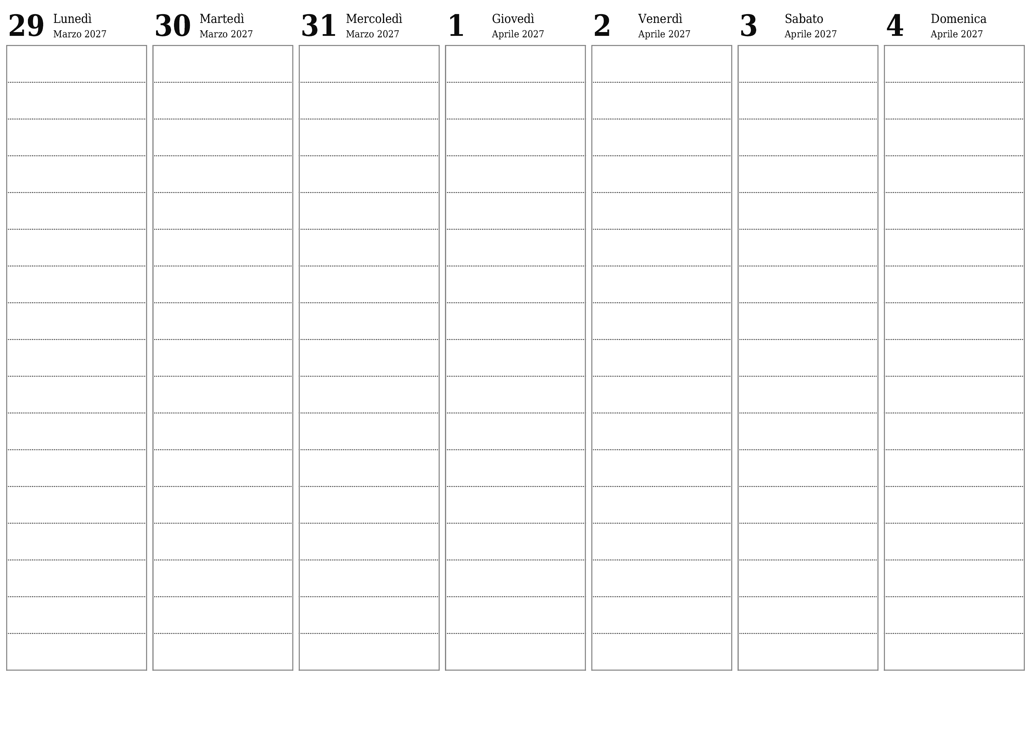 Agenda settimanale vuota per settimane Aprile 2027 con note, salva e stampa in PDF PNG Italian