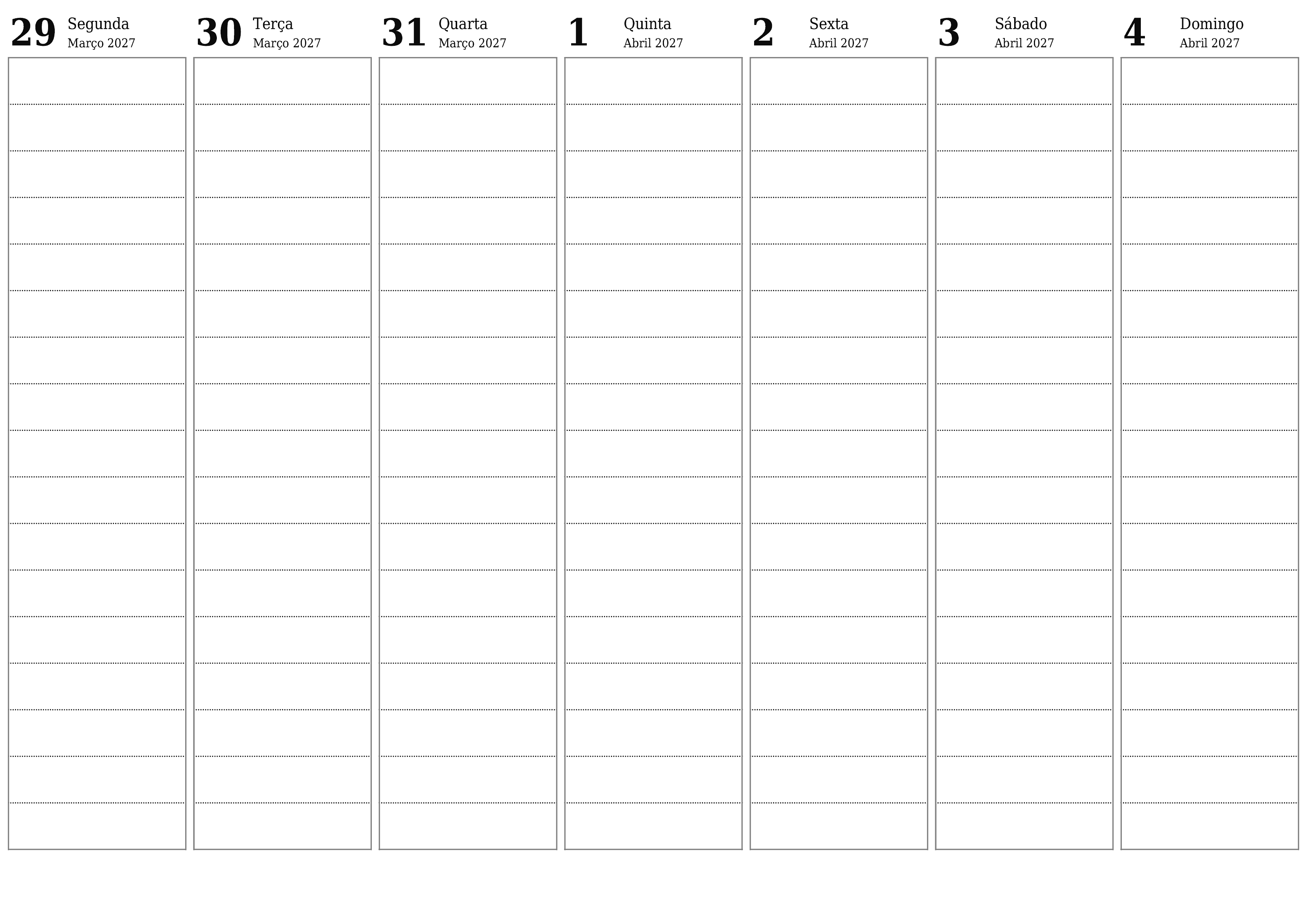 Esvazie o planejador semanal por semanas Abril 2027 com notas, salve e imprima em PDF PNG Portuguese