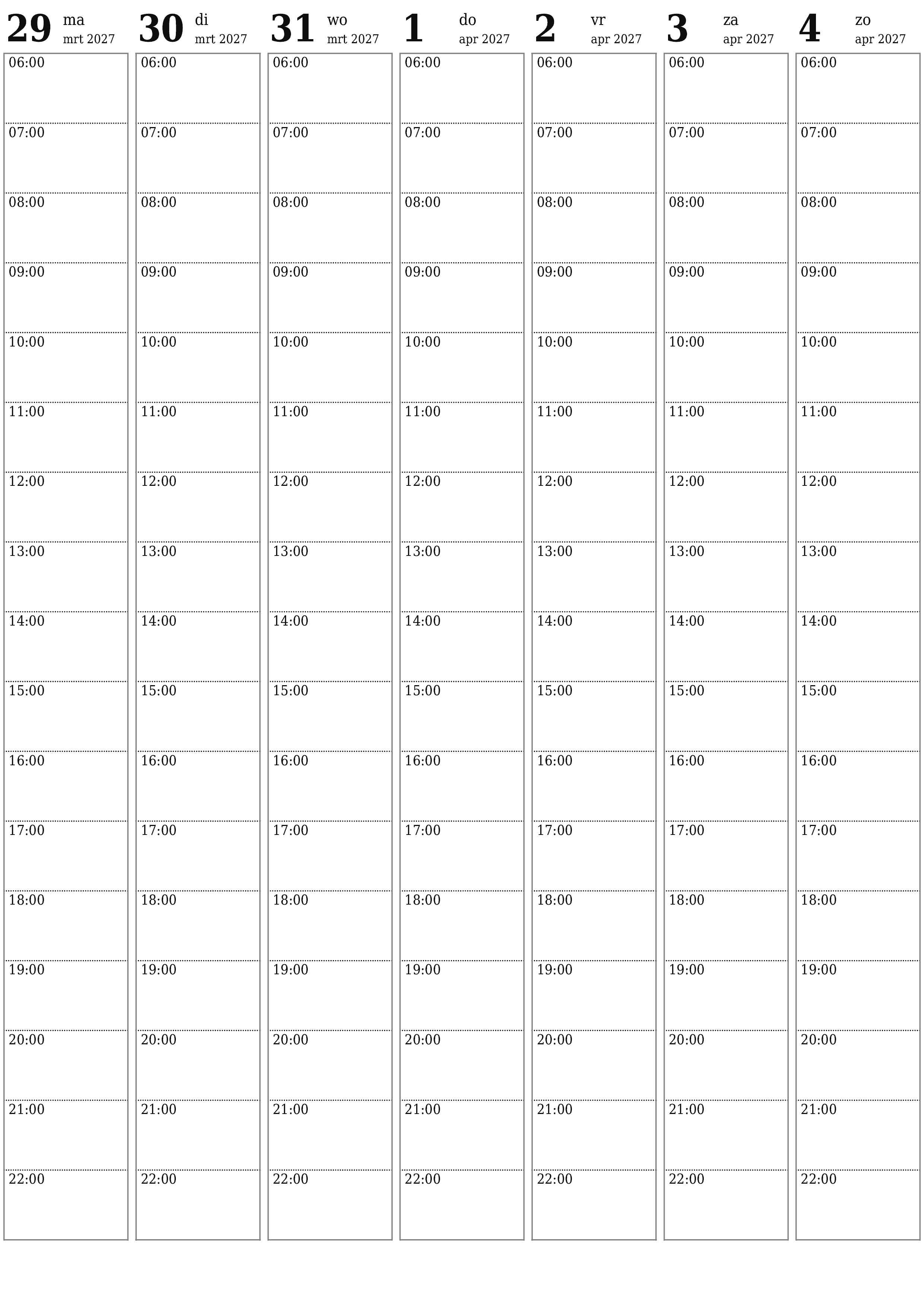 Lege weekplanner voor weken april 2027 met notities, opslaan en afdrukken naar pdf PNG Dutch